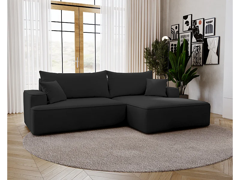 Emporius Dallas Hoekbank L-Vorm - slaapfunctie en bedlade, rechts - Sofa 250 cm, fluweel zwart (Komodo 23)