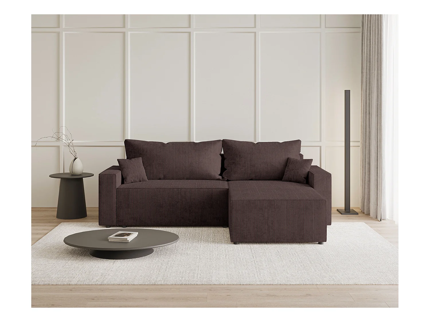 Emporius Lugo Canapé d'angle Convertible - Tissu Velours Côtelé, Canapé d'angle avec Rangement - Droite, Brun (LincolD 29)