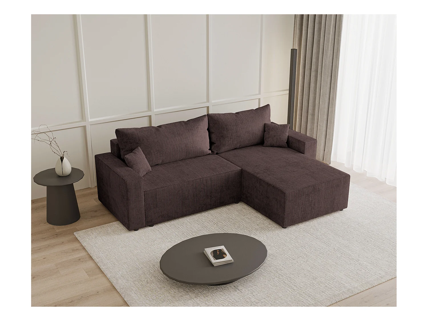 Emporius Lugo Canapé d'angle Convertible - Tissu Velours Côtelé, Canapé d'angle avec Rangement - Droite, Brun (LincolD 29)