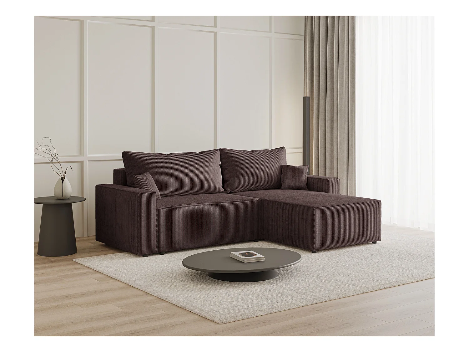 Emporius Lugo Canapé d'angle Convertible - Tissu Velours Côtelé, Canapé d'angle avec Rangement - Droite, Brun (LincolD 29)
