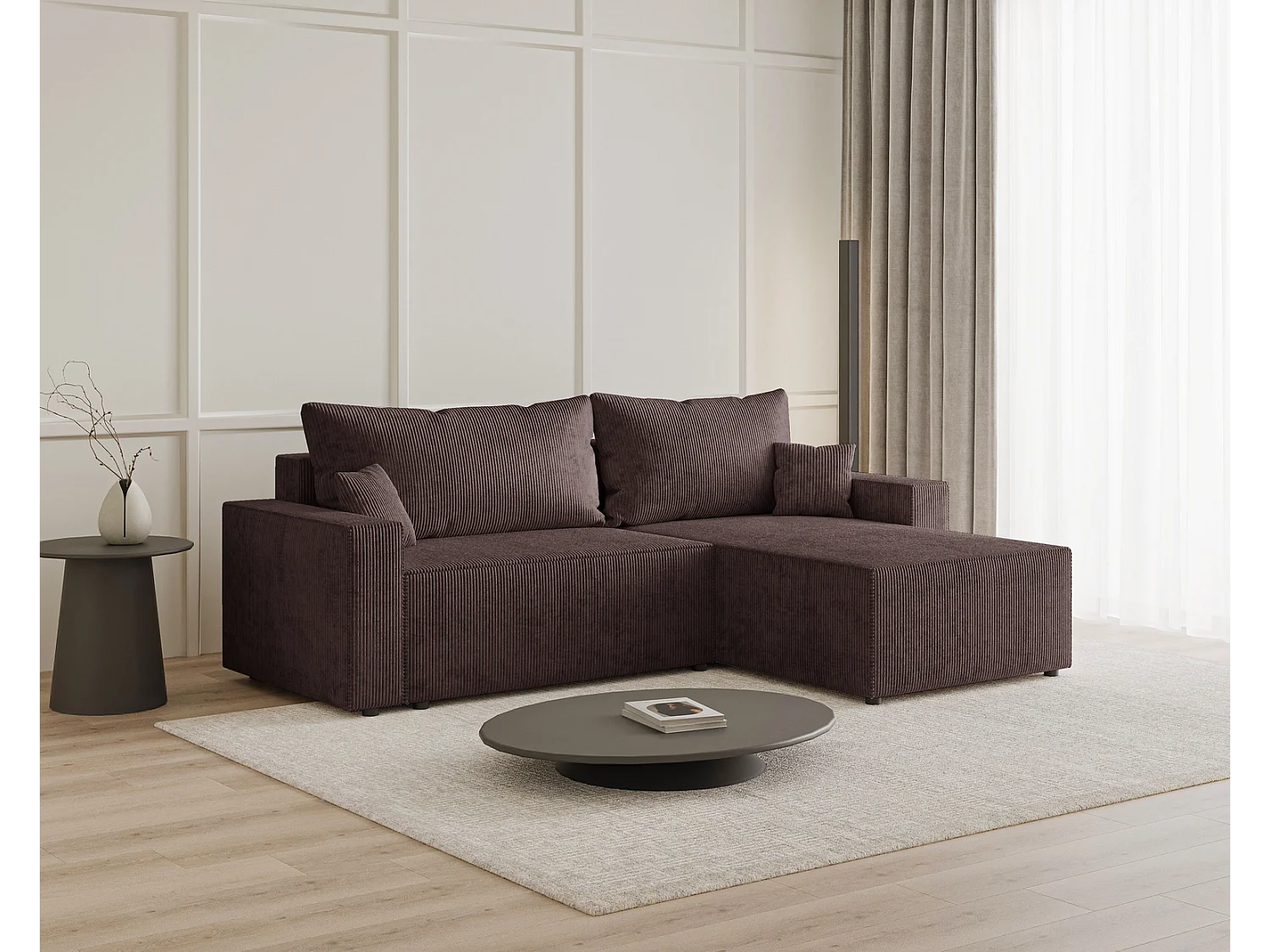Emporius Lugo Hoekbank 250 cm - L-Vorm, sofa met slaapfunctie, rechts, ribfluweel Bruin (LincolnD 29)
