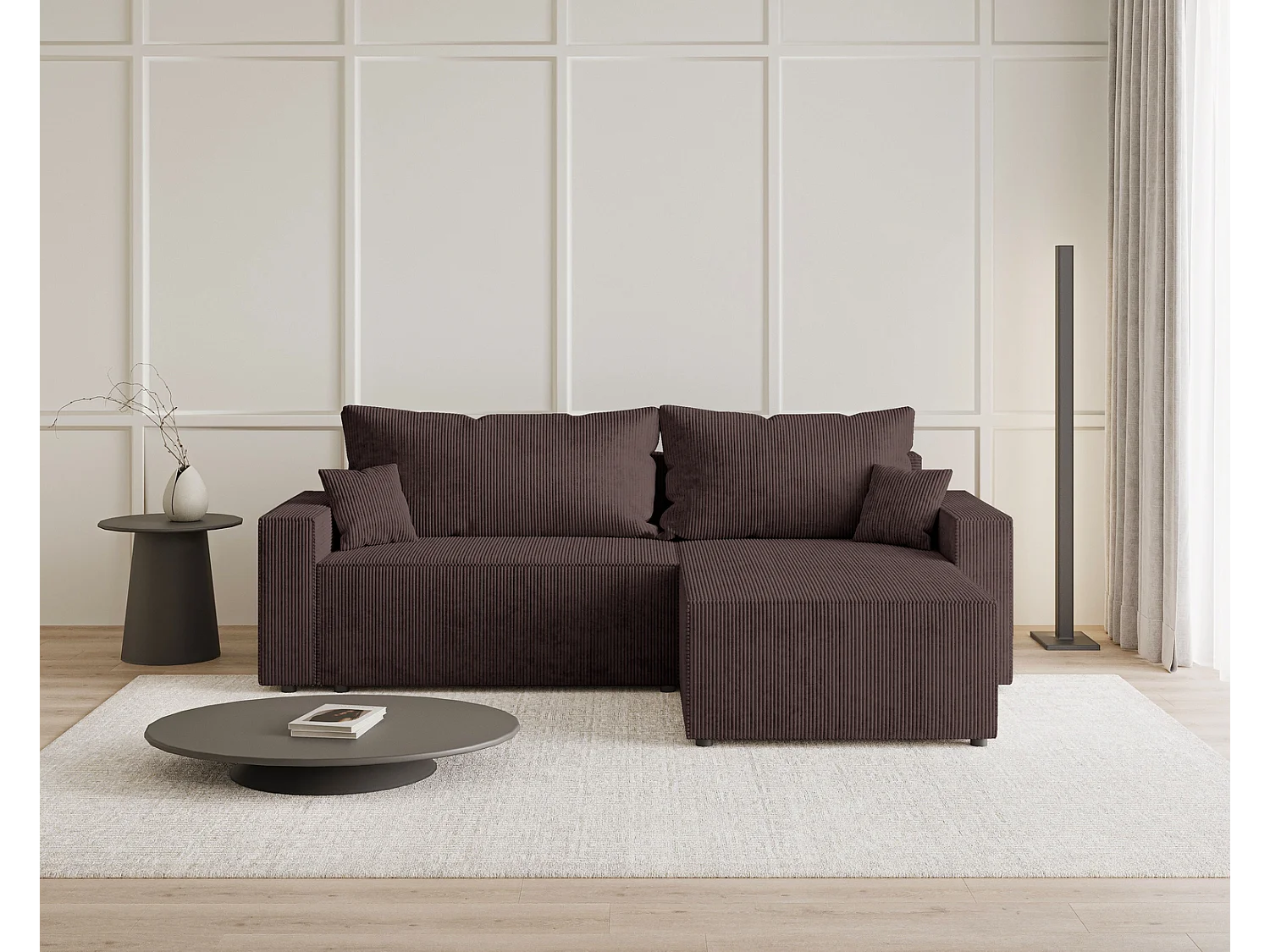 Emporius Lugo Hoekbank 250 cm - L-Vorm, sofa met slaapfunctie, rechts, ribfluweel Bruin (LincolnD 29)