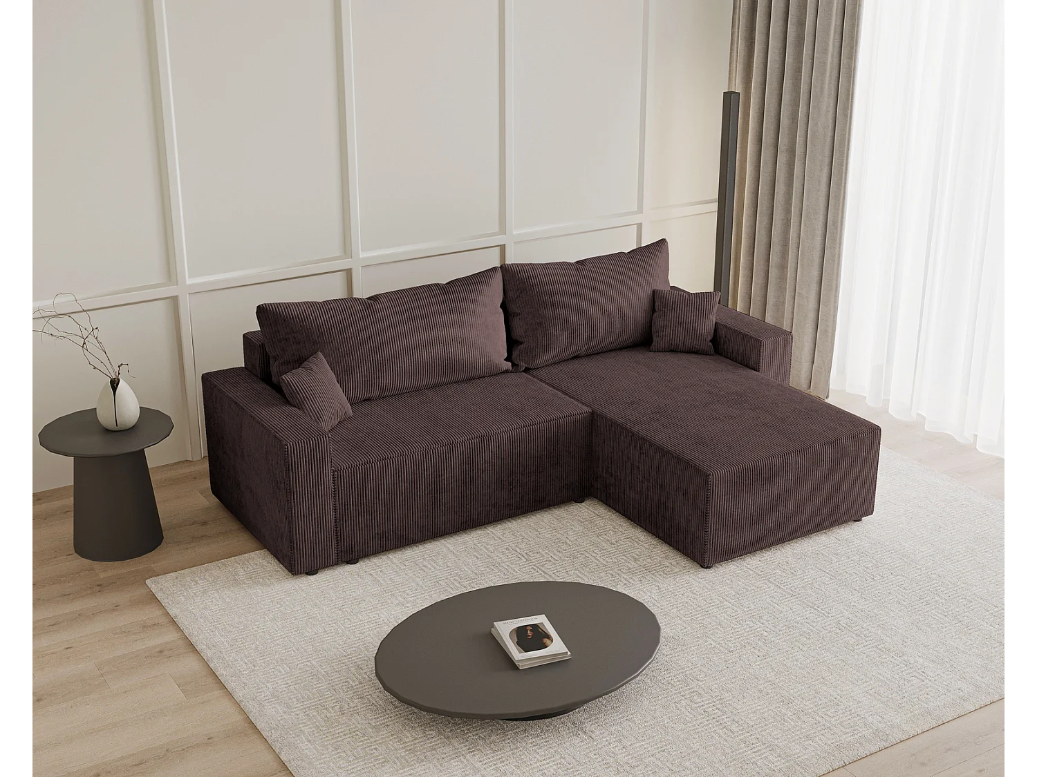 Emporius Lugo Hoekbank 250 cm - L-Vorm, sofa met slaapfunctie, rechts, ribfluweel Bruin (LincolnD 29)