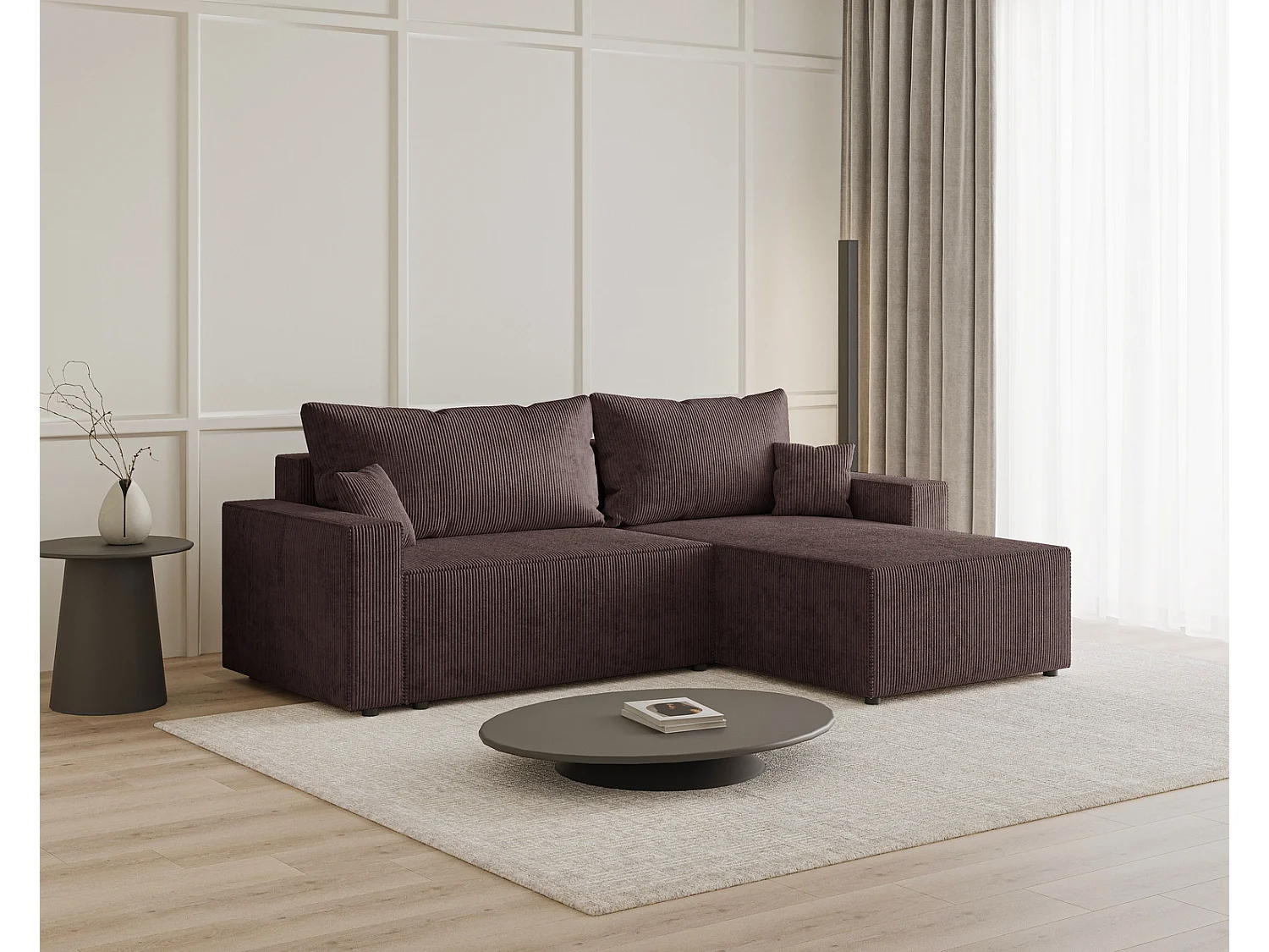 Hoekbank met slaapfunctie Lugo 250 cm, L-vorm, sofa, rechts, ribfluweel bruin