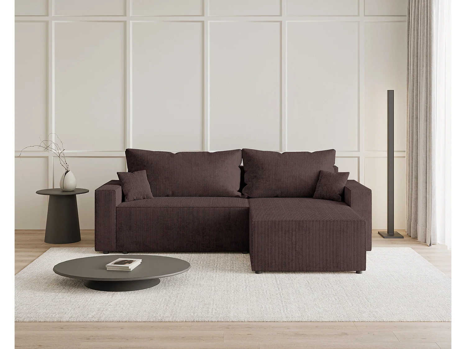 Hoekbank met slaapfunctie Lugo 250 cm, L-vorm, sofa, rechts, ribfluweel bruin