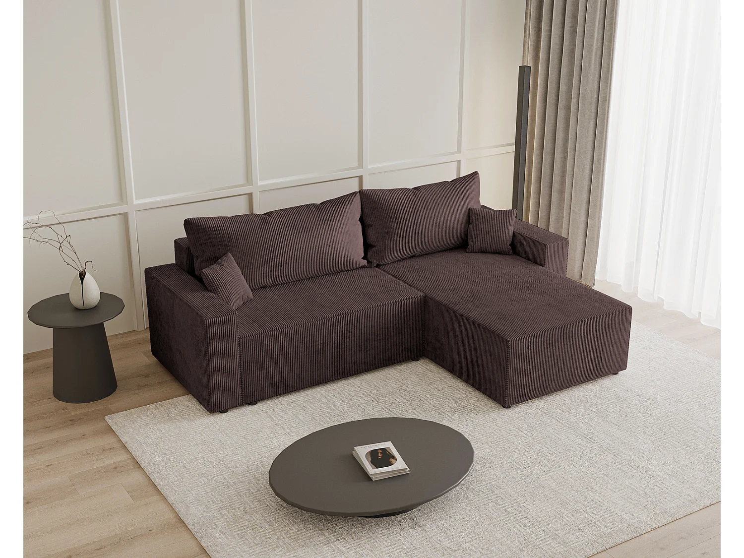 Hoekbank met slaapfunctie Lugo 250 cm, L-vorm, sofa, rechts, ribfluweel bruin