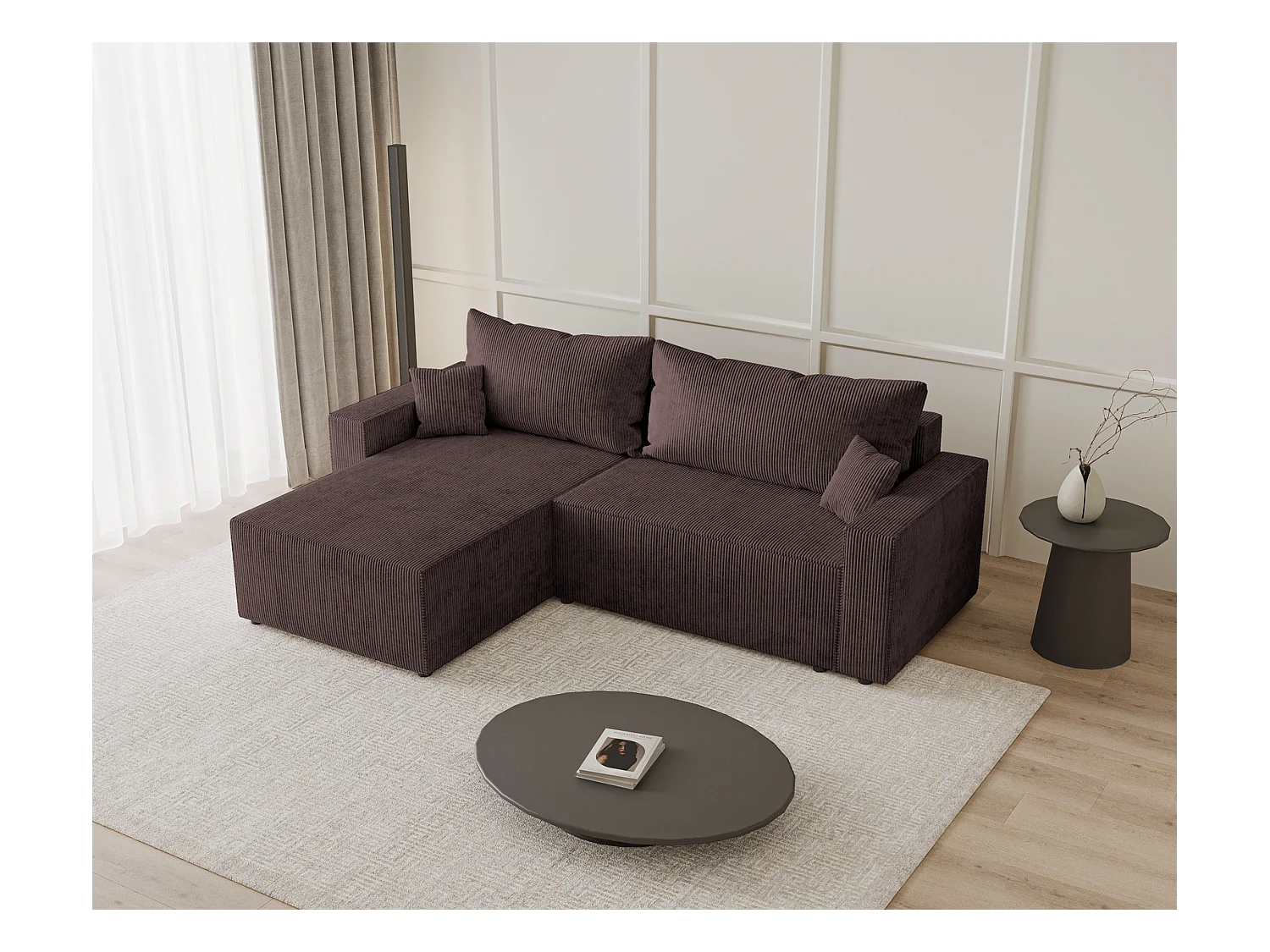 Emporius Lugo Canapé d'angle Convertible - Tissu Velours Côtelé, Canapé d'angle avec Rangement - Gauche, Brun (LincolD 29)