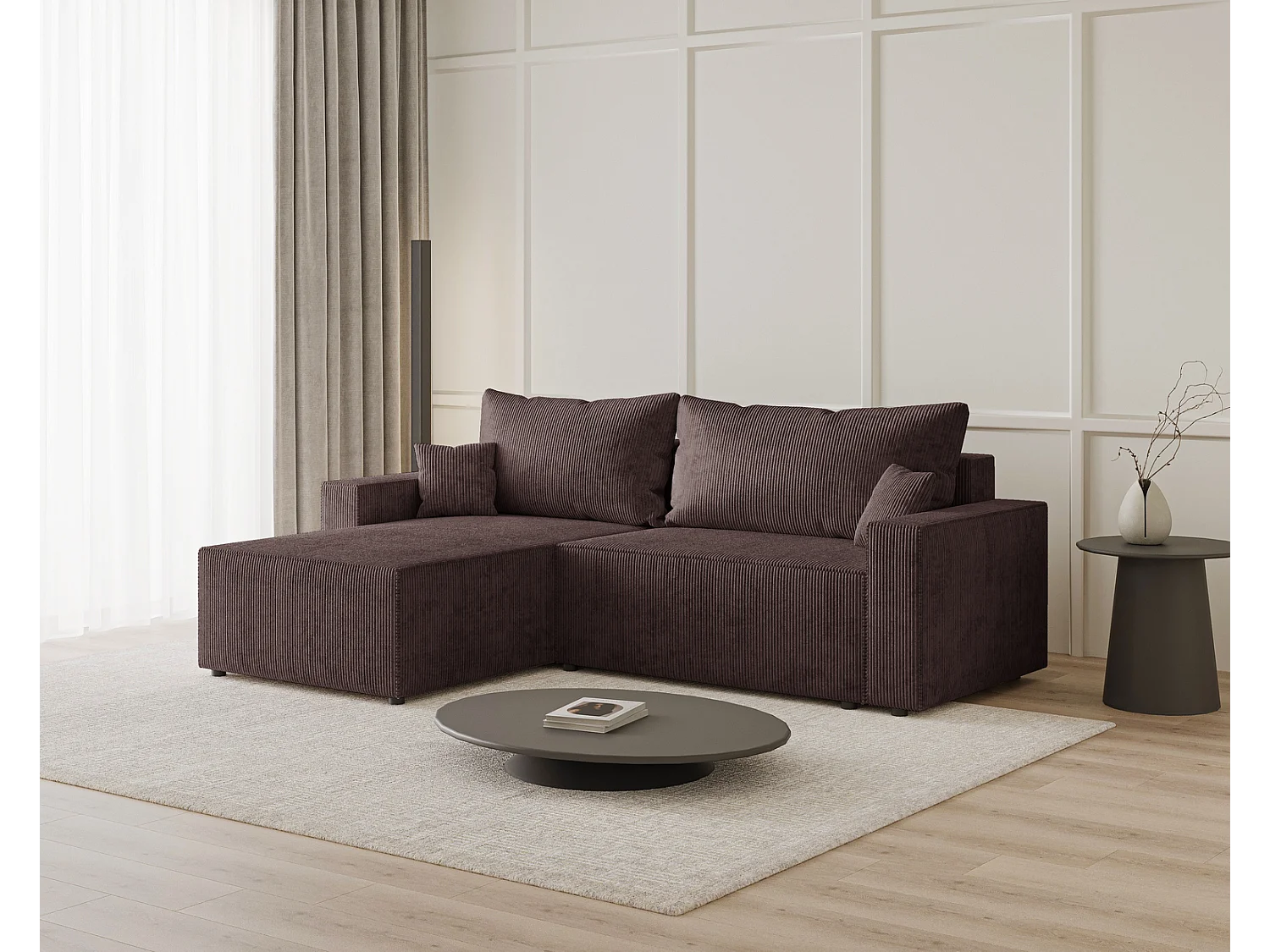 Emporius Lugo Hoekbank 250 cm - L-Vorm, sofa met slaapfunctie, links, ribfluweel Bruin (LincolnD 29)