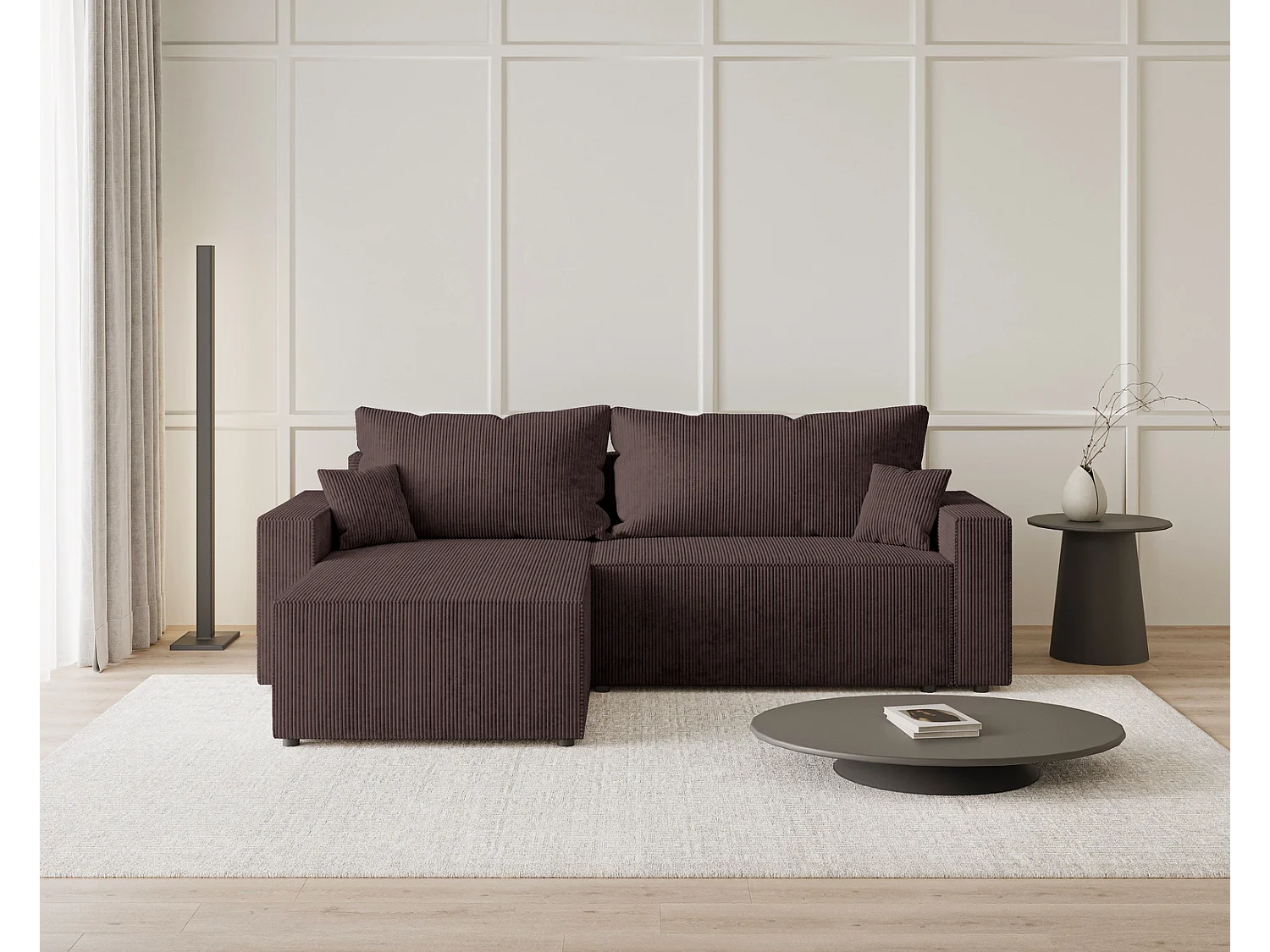 Emporius Lugo Hoekbank 250 cm - L-Vorm, sofa met slaapfunctie, links, ribfluweel Bruin (LincolnD 29)