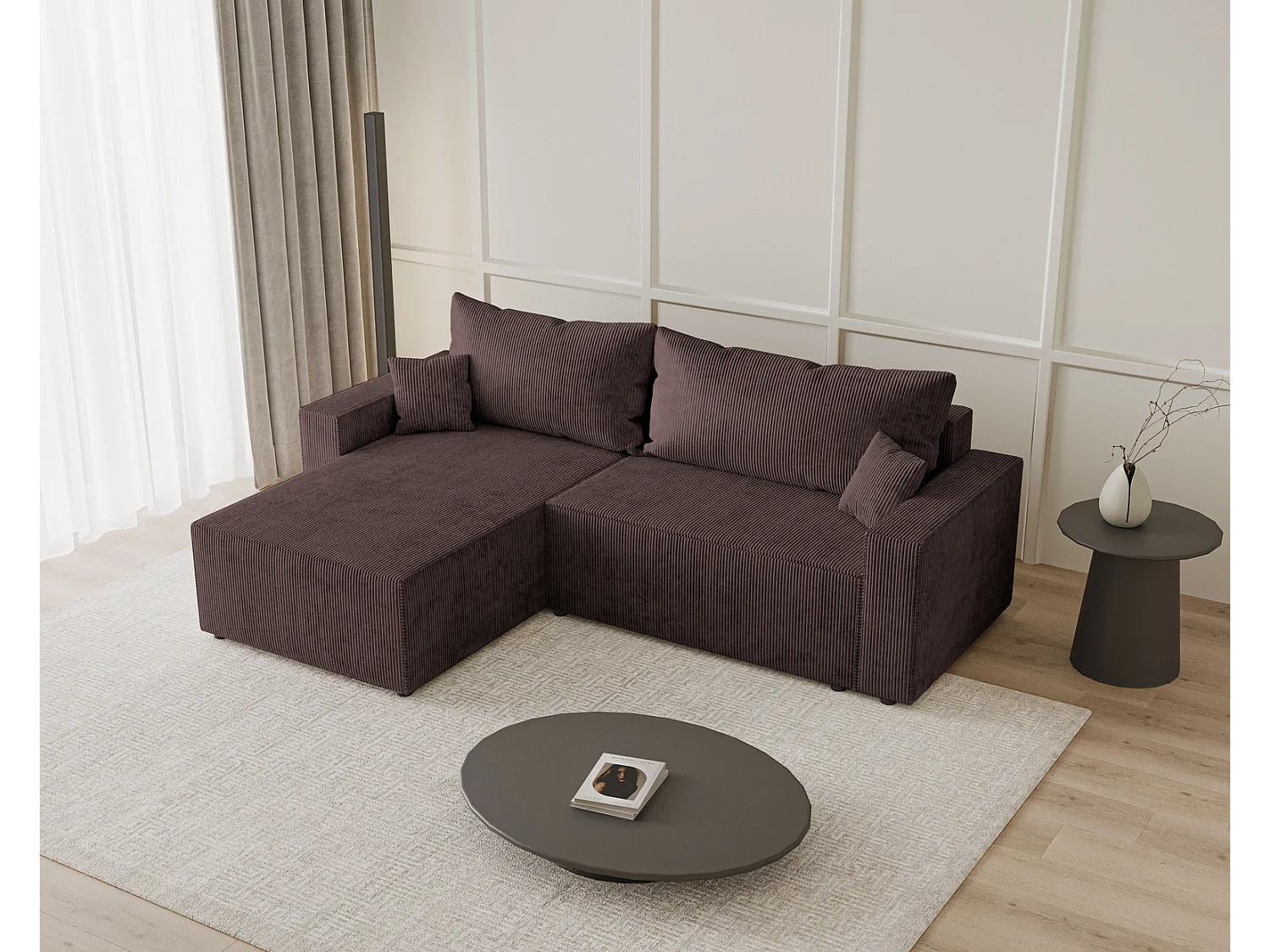 Emporius Lugo Hoekbank 250 cm - L-Vorm, sofa met slaapfunctie, links, ribfluweel Bruin (LincolnD 29)