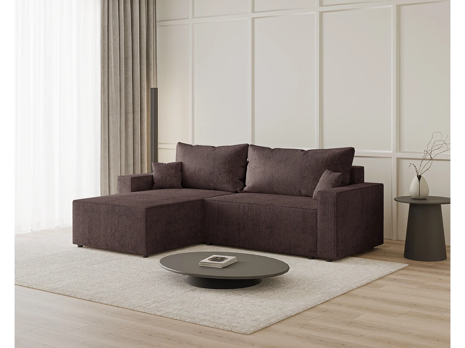 Hoekbank met slaapfunctie Lugo 250 cm, L-vorm, sofa, links, ribfluweel bruin