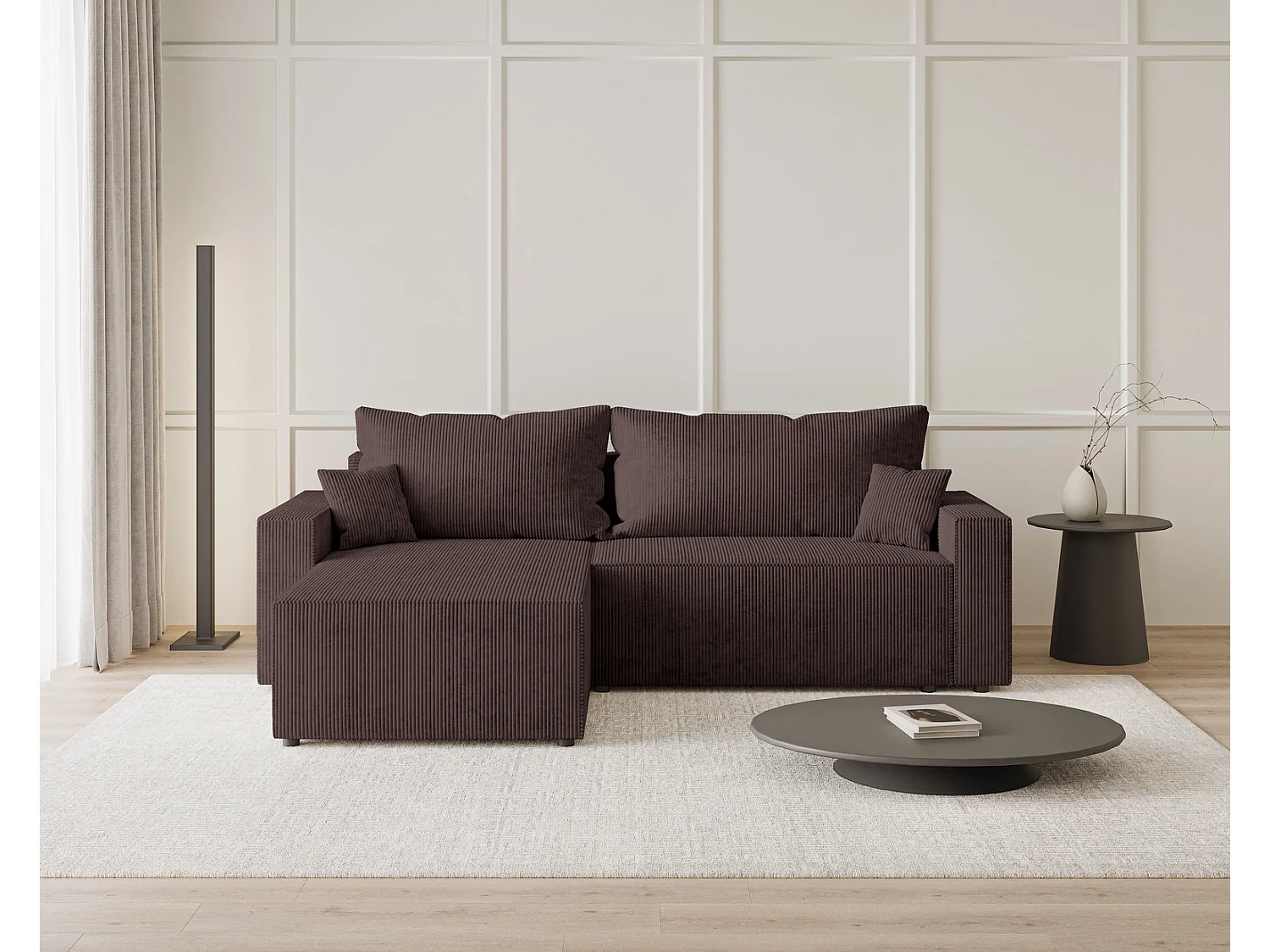 Hoekbank met slaapfunctie Lugo 250 cm, L-vorm, sofa, links, ribfluweel bruin