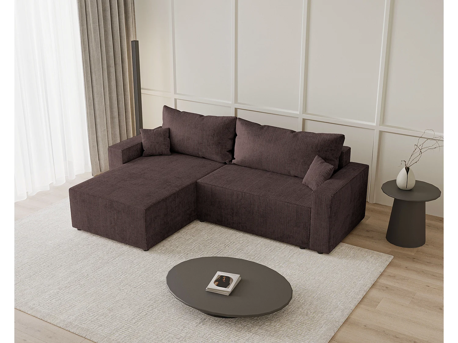 Hoekbank met slaapfunctie Lugo 250 cm, L-vorm, sofa, links, ribfluweel bruin