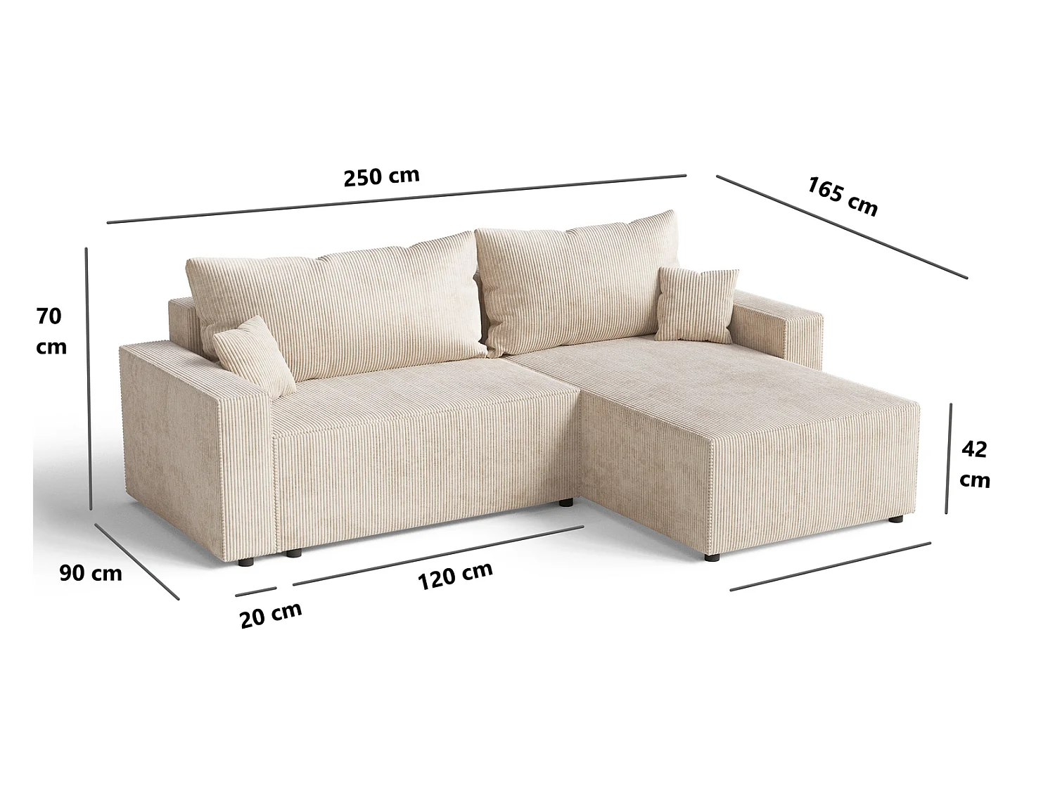 Hoekbank met slaapfunctie Lugo 250 cm, L-vorm, sofa, links, ribfluweel bruin