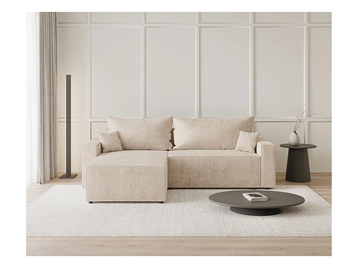 Emporius Lugo Hoekbank 250 cm - L-Vorm, sofa met slaapfunctie, links, ribfluweel Beige (LincolnD 4)