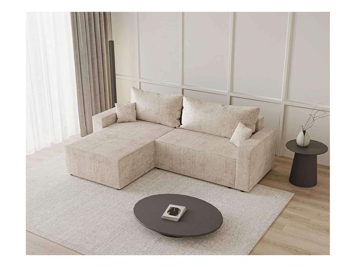 Emporius Lugo Hoekbank 250 cm - L-Vorm, sofa met slaapfunctie, links, ribfluweel Beige (LincolnD 4)