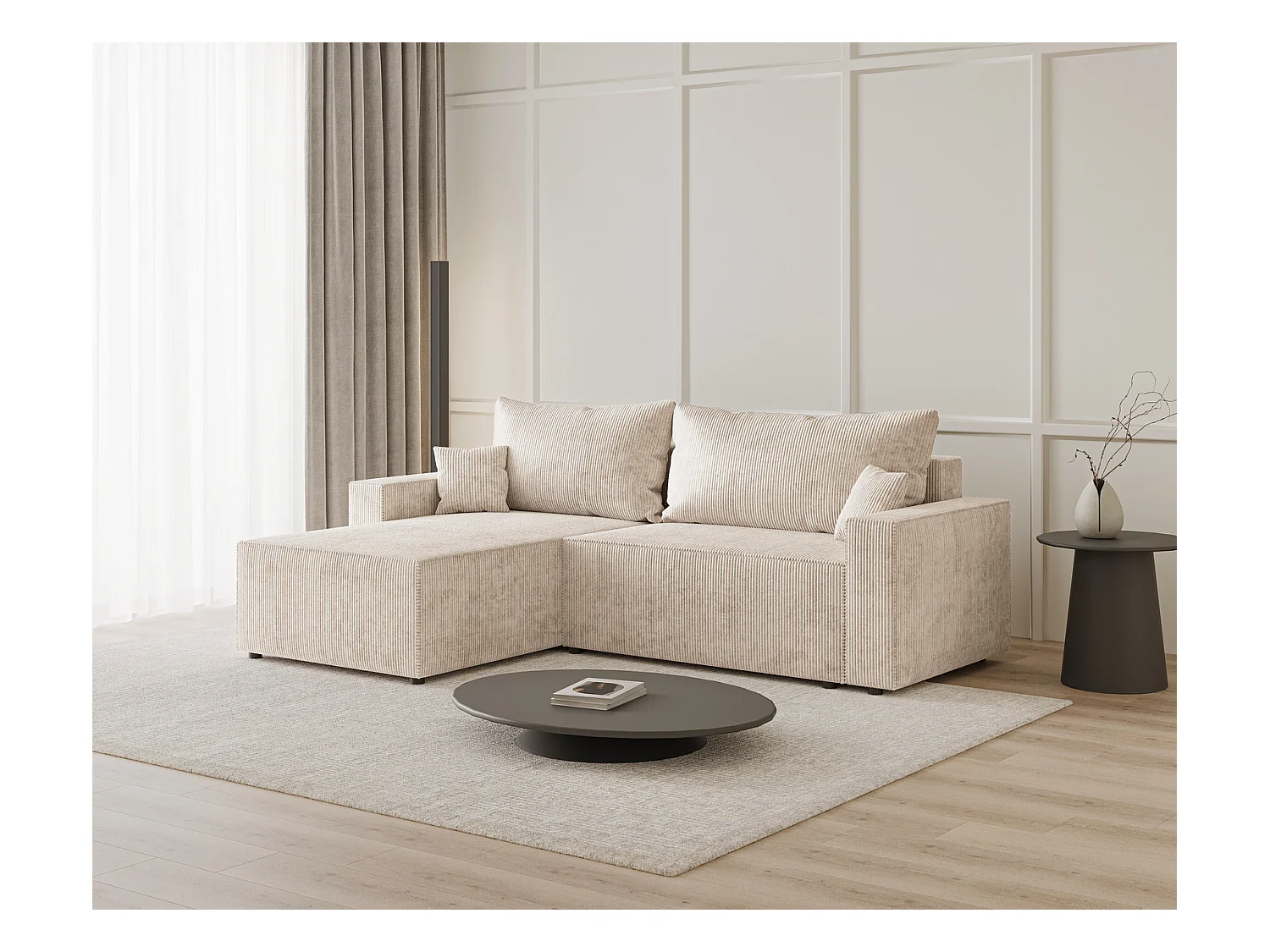 Emporius Lugo Canapé d'angle Convertible - Tissu Velours Côtelé, Canapé d'angle avec Rangement - Gauche, Beige (LincolD 4)