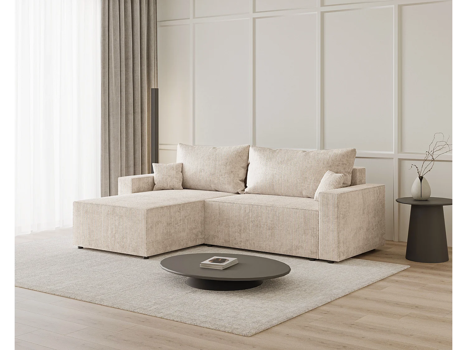 Emporius Lugo Hoekbank 250 cm - L-Vorm, sofa met slaapfunctie, links, ribfluweel Beige (LincolnD 4)