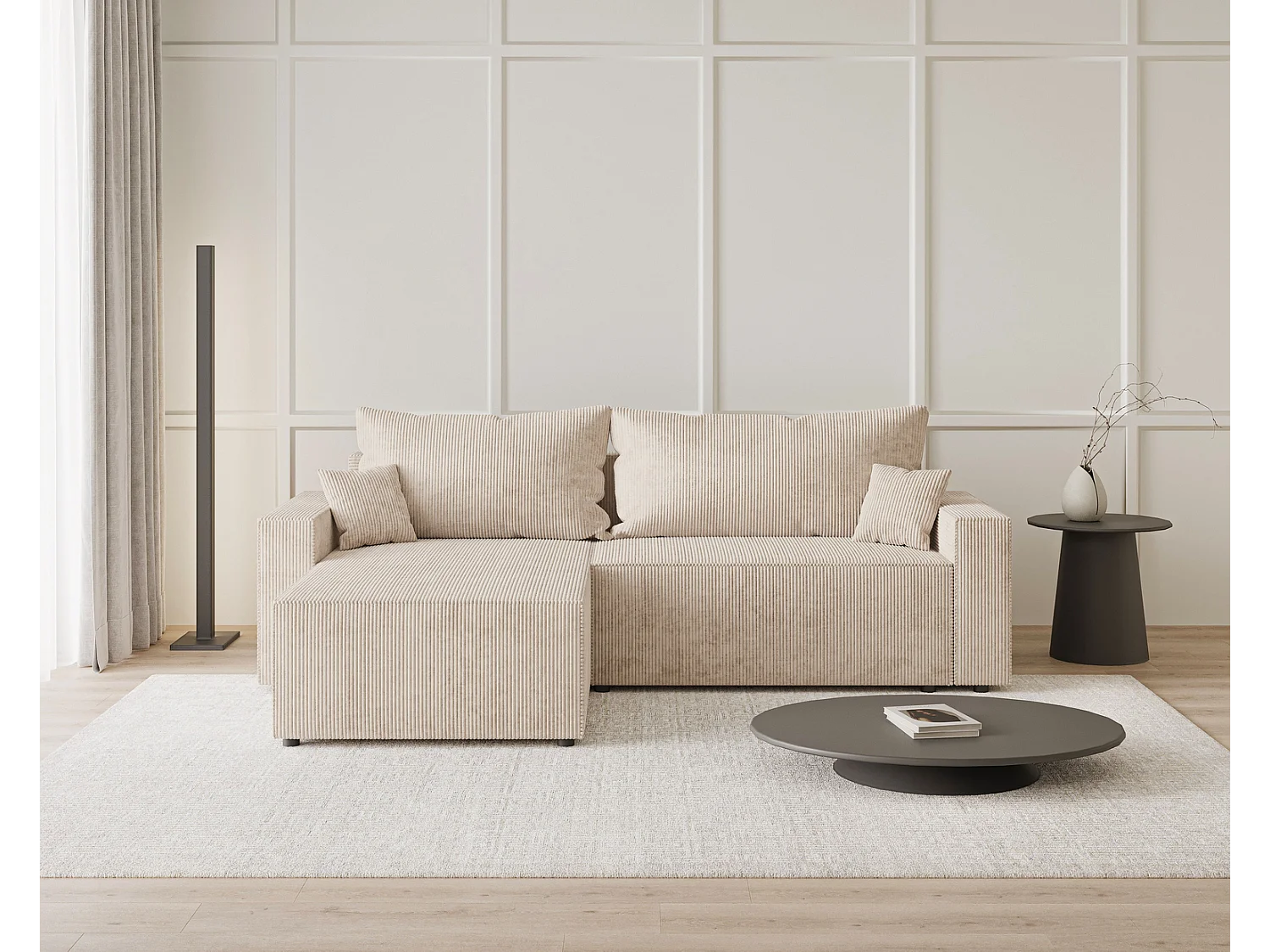 Emporius Lugo Hoekbank 250 cm - L-Vorm, sofa met slaapfunctie, links, ribfluweel Beige (LincolnD 4)