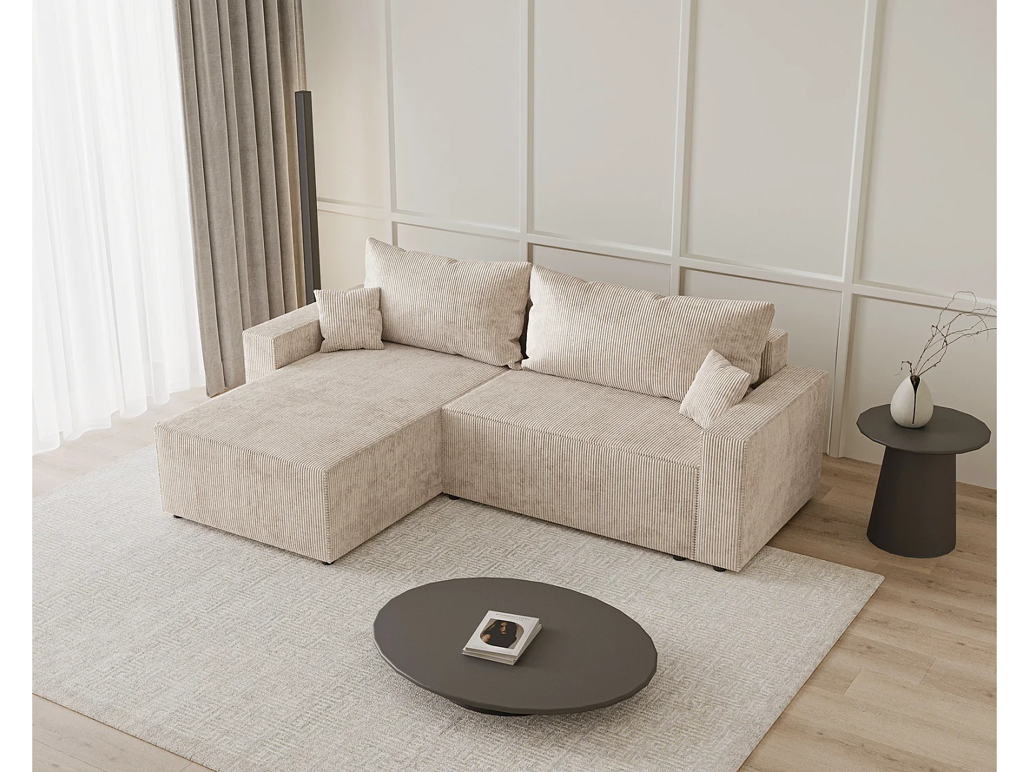 Emporius Lugo Hoekbank 250 cm - L-Vorm, sofa met slaapfunctie, links, ribfluweel Beige (LincolnD 4)