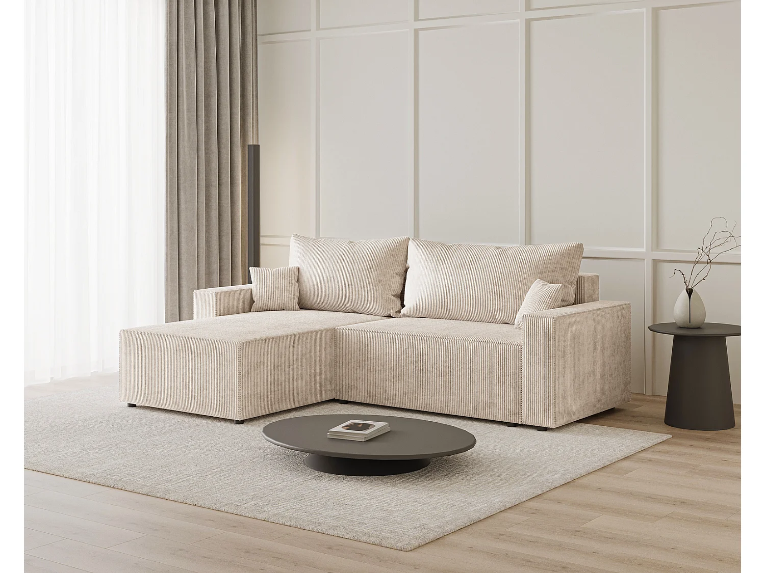 Canapé d'angle convertible Lugo, avec coffre de rangement, velours côtelé, gauche, beige
