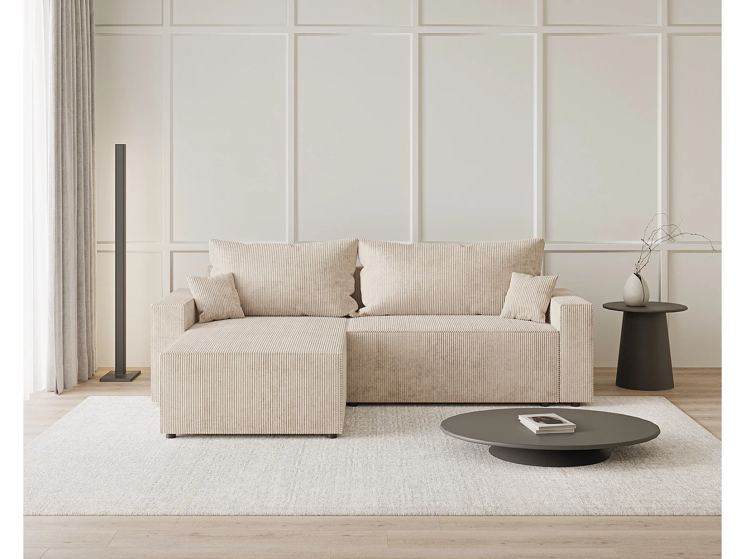 Canapé d'angle convertible Lugo, avec coffre de rangement, velours côtelé, gauche, beige