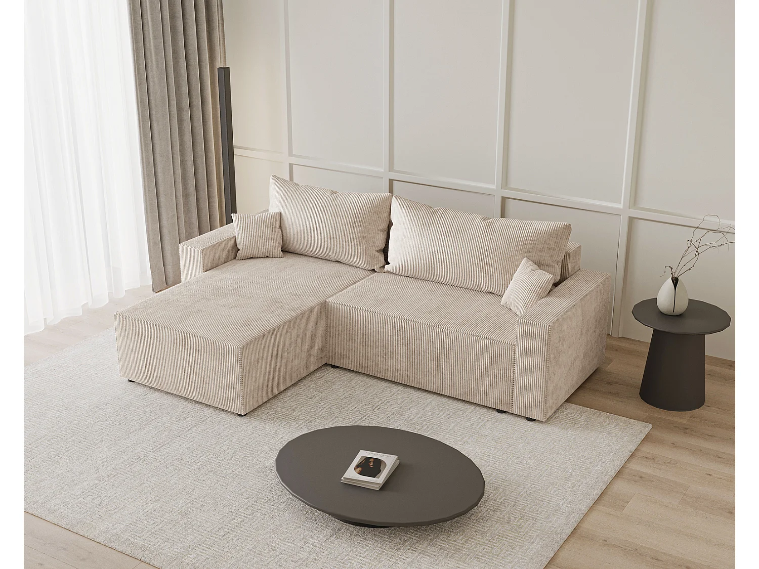 Canapé d'angle convertible Lugo, avec coffre de rangement, velours côtelé, gauche, beige