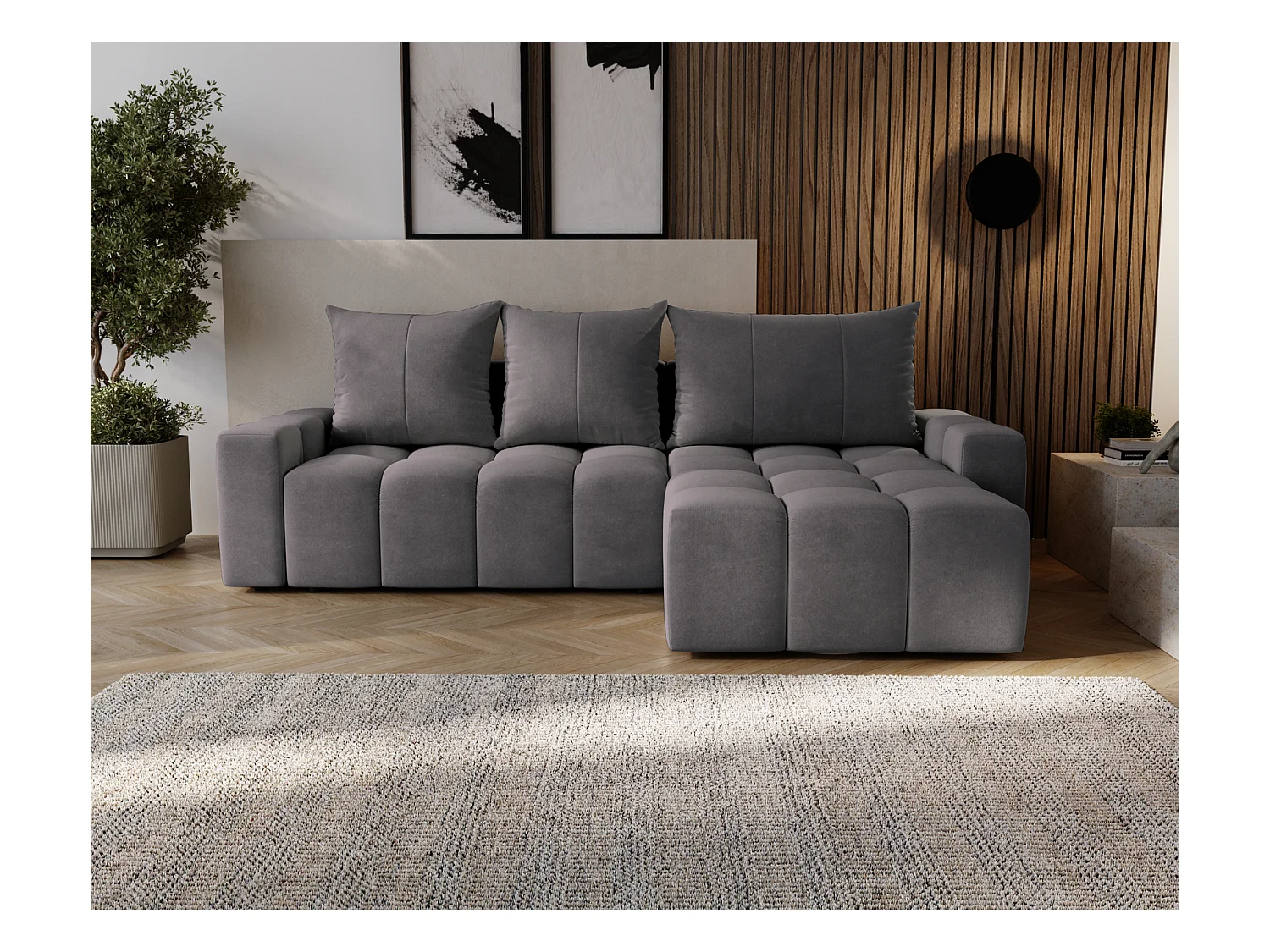 Emporius Wilson Canapé d'angle - Tissu Velours, Canapé 255 cm Convertible, Droite - Gris foncé (Amor Velvet 4321)