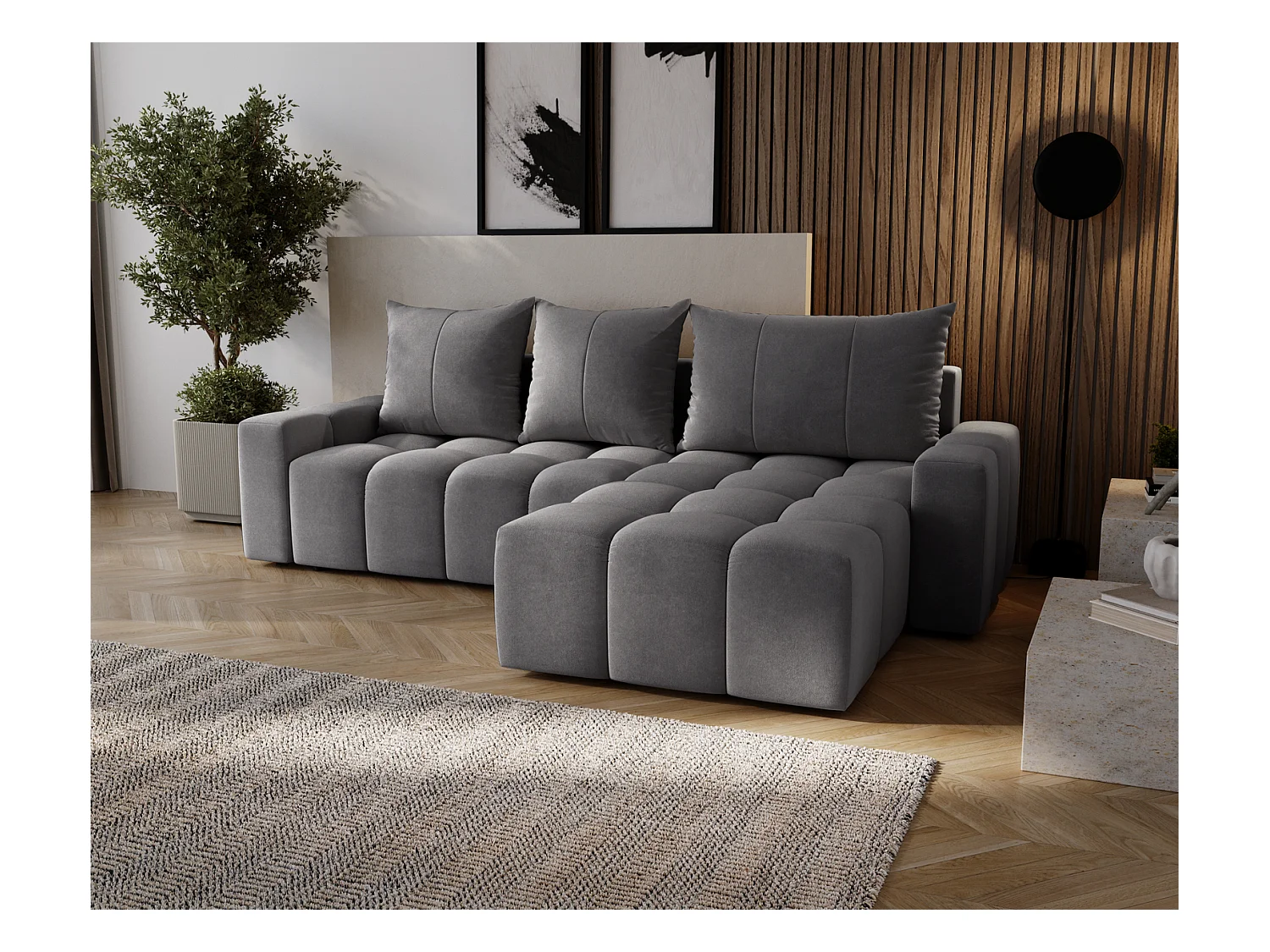 Emporius Wilson Canapé d'angle - Tissu Velours, Canapé 255 cm Convertible, Droite - Gris foncé (Amor Velvet 4321)