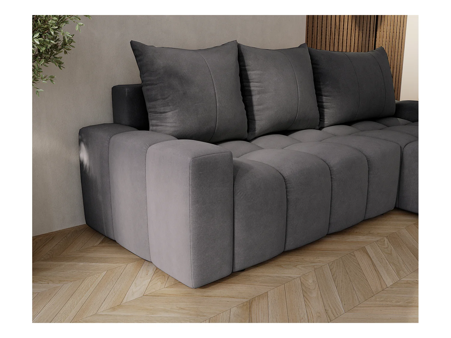 Emporius Wilson Canapé d'angle - Tissu Velours, Canapé 255 cm Convertible, Droite - Gris foncé (Amor Velvet 4321)