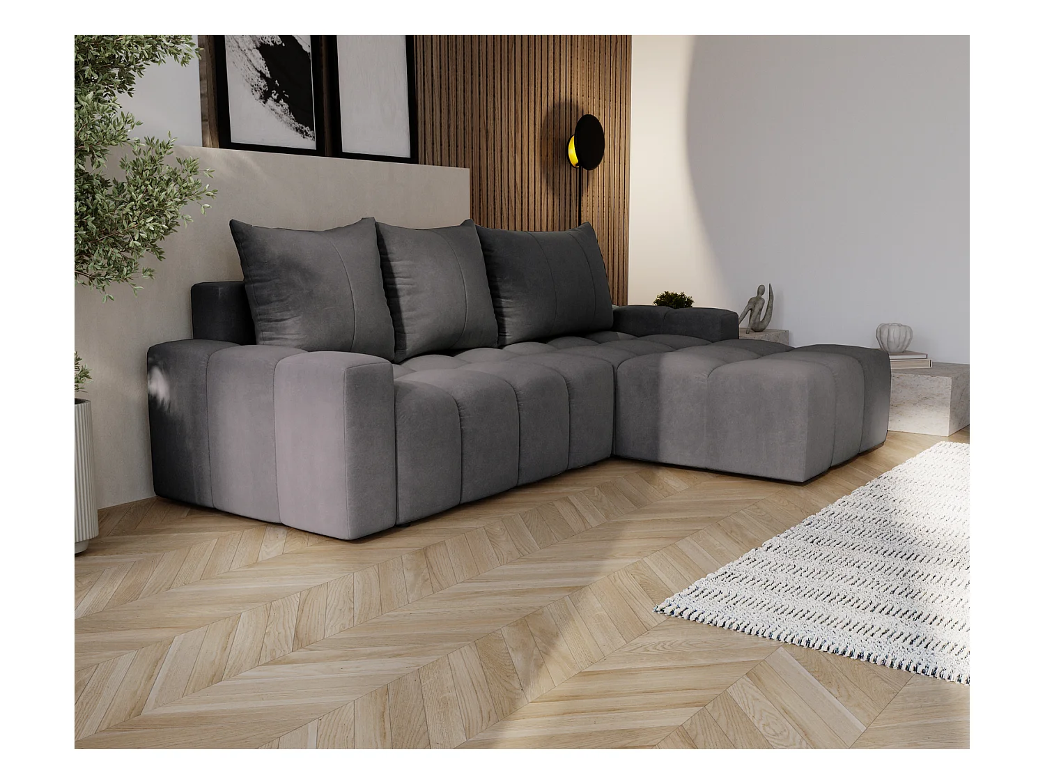 Emporius Wilson Canapé d'angle - Tissu Velours, Canapé 255 cm Convertible, Droite - Gris foncé (Amor Velvet 4321)