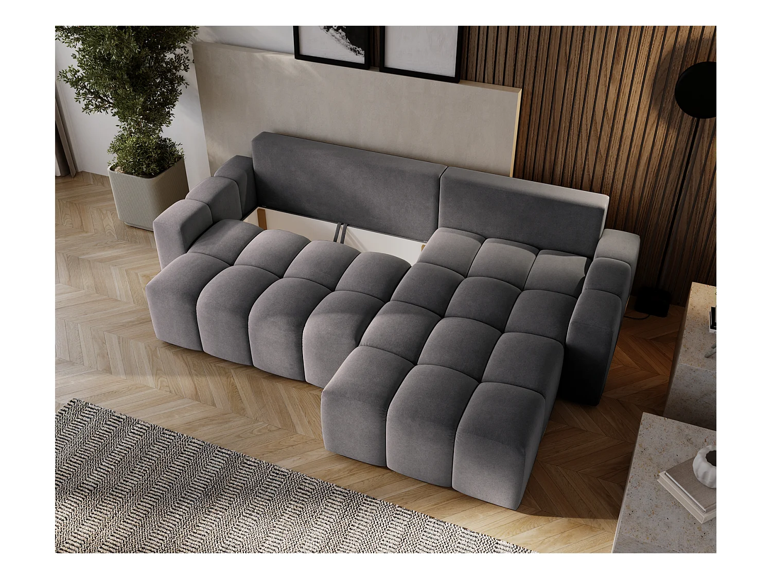 Emporius Wilson Canapé d'angle - Tissu Velours, Canapé 255 cm Convertible, Droite - Gris foncé (Amor Velvet 4321)