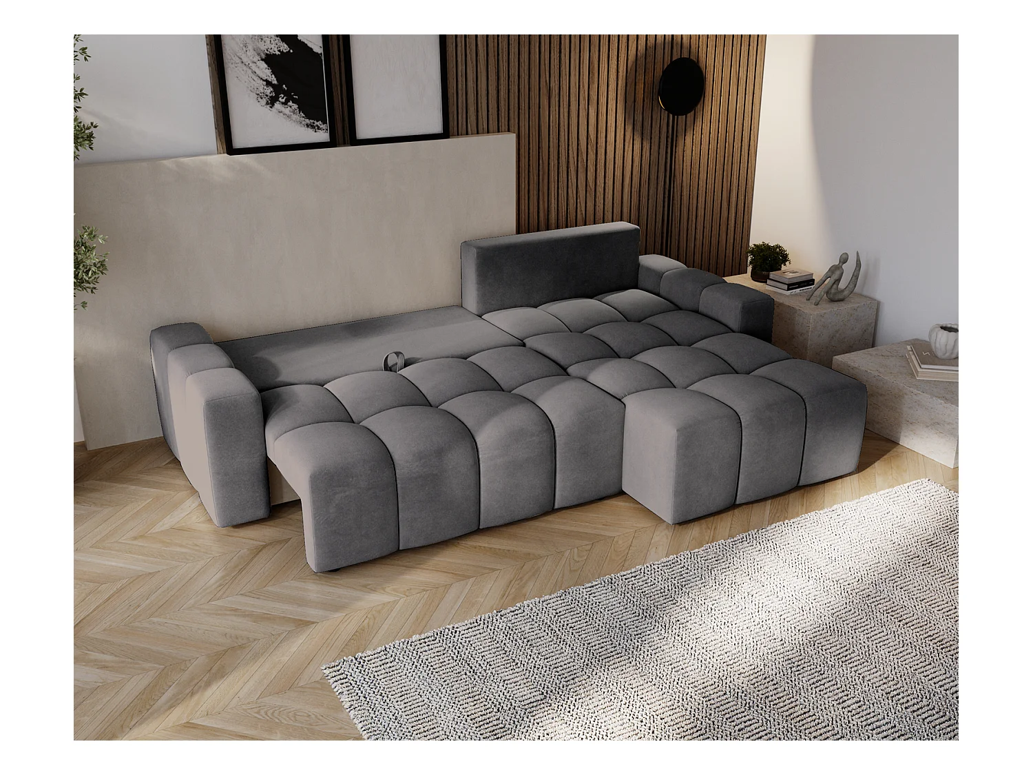 Emporius Wilson Canapé d'angle - Tissu Velours, Canapé 255 cm Convertible, Droite - Gris foncé (Amor Velvet 4321)