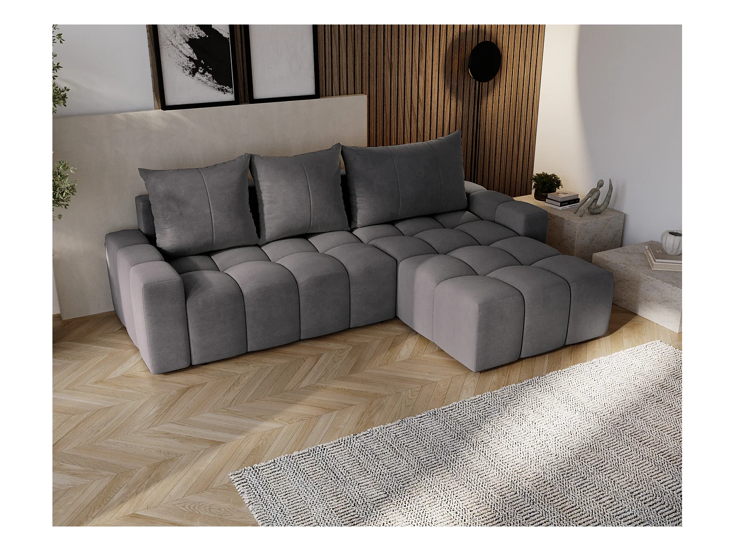 Emporius Wilson Canapé d'angle - Tissu Velours, Canapé 255 cm Convertible, Droite - Gris foncé (Amor Velvet 4321)