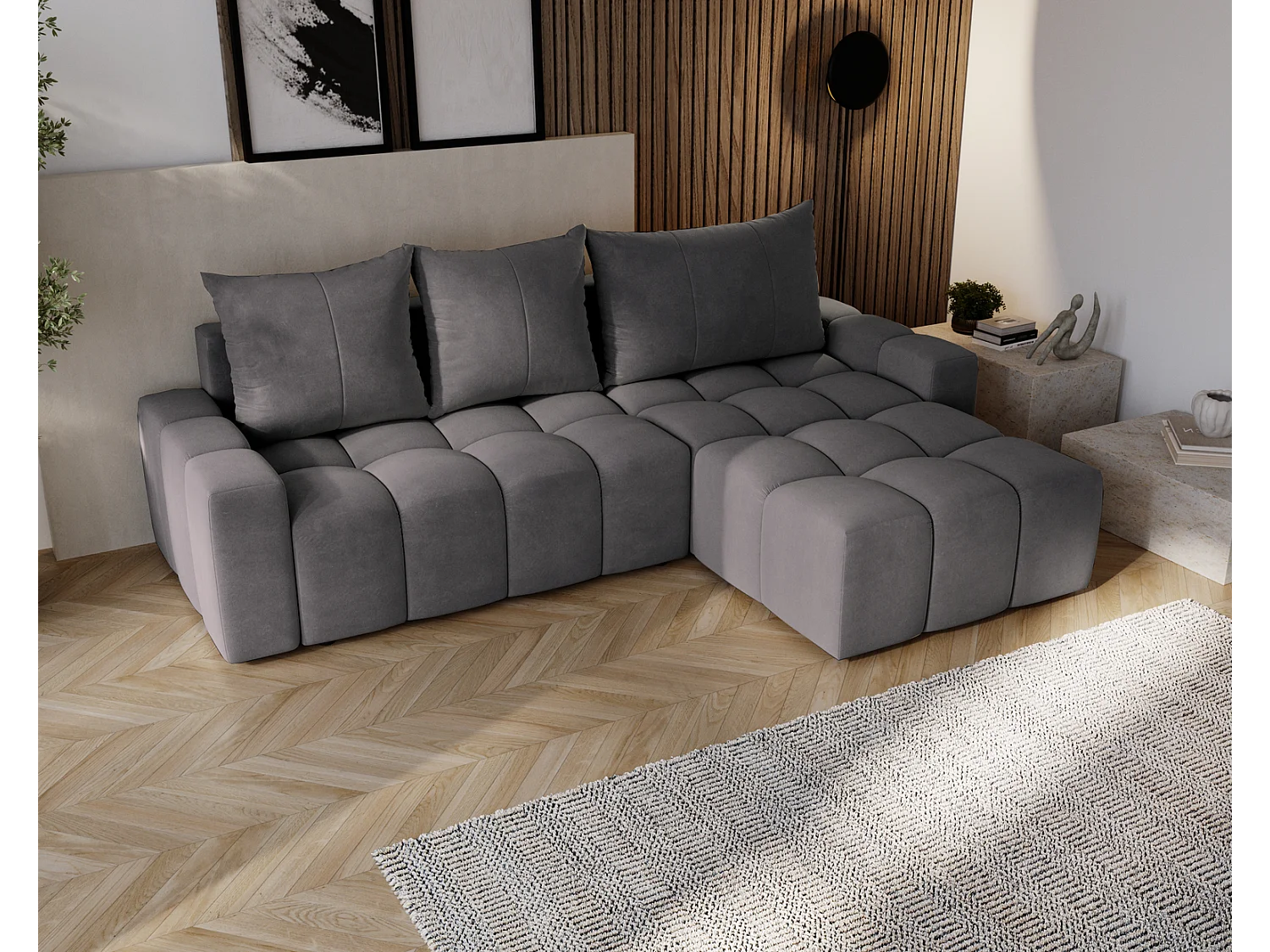 Emporius Wilson Canapé d'angle - Tissu Velours, Canapé 255 cm Convertible, Droite - Gris foncé (Amor Velvet 4321)