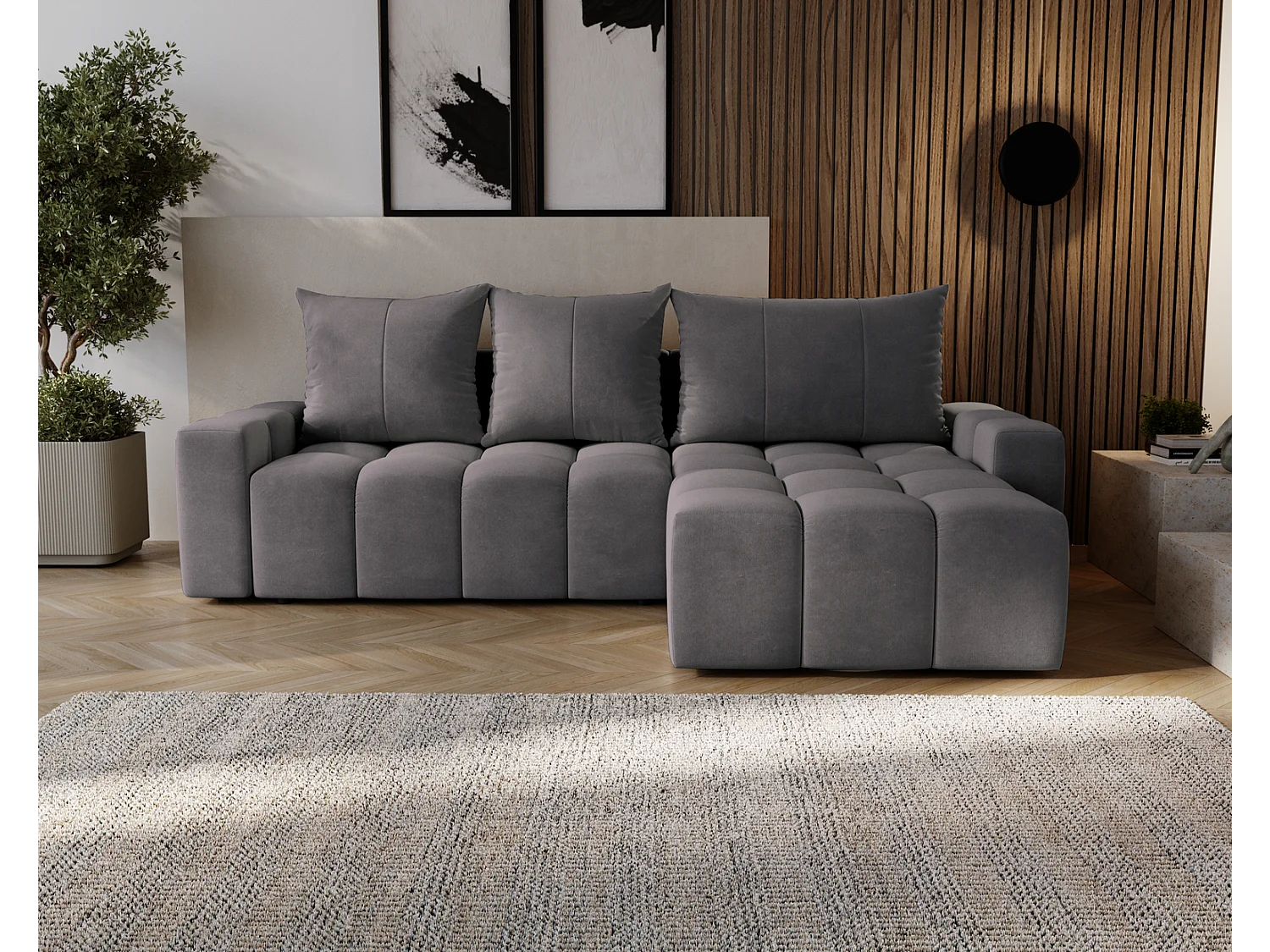 Emporius Wilson Canapé d'angle - Tissu Velours, Canapé 255 cm Convertible, Droite - Gris foncé (Amor Velvet 4321)