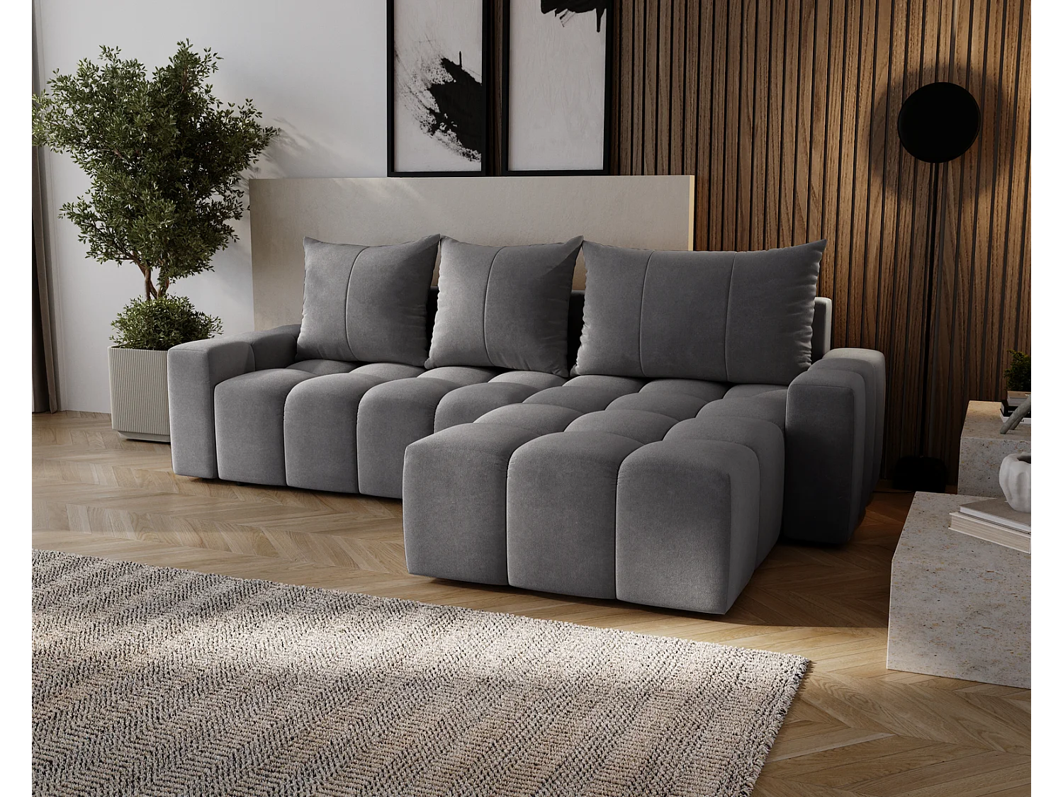 Emporius Wilson Canapé d'angle - Tissu Velours, Canapé 255 cm Convertible, Droite - Gris foncé (Amor Velvet 4321)