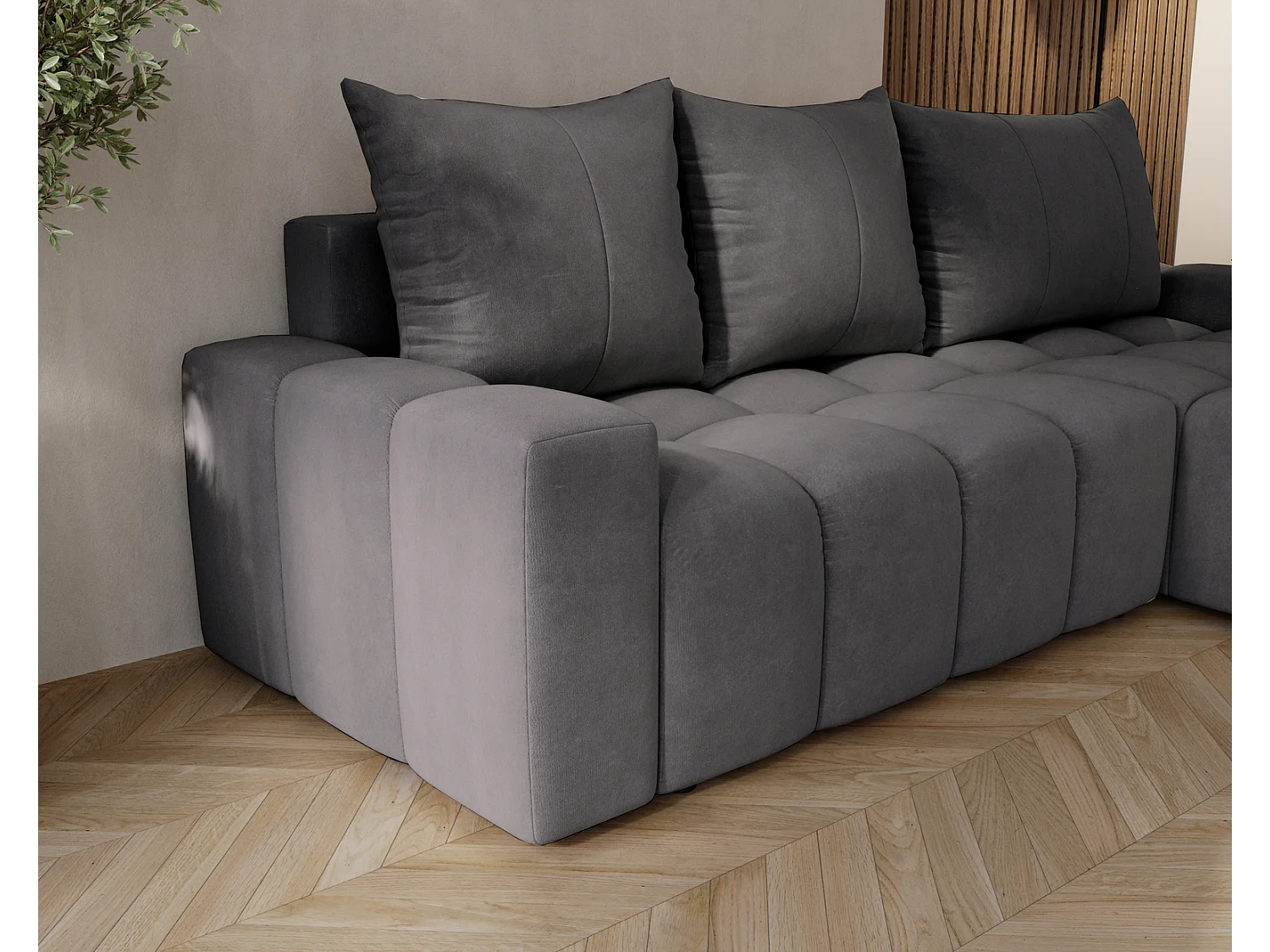 Emporius Wilson Canapé d'angle - Tissu Velours, Canapé 255 cm Convertible, Droite - Gris foncé (Amor Velvet 4321)