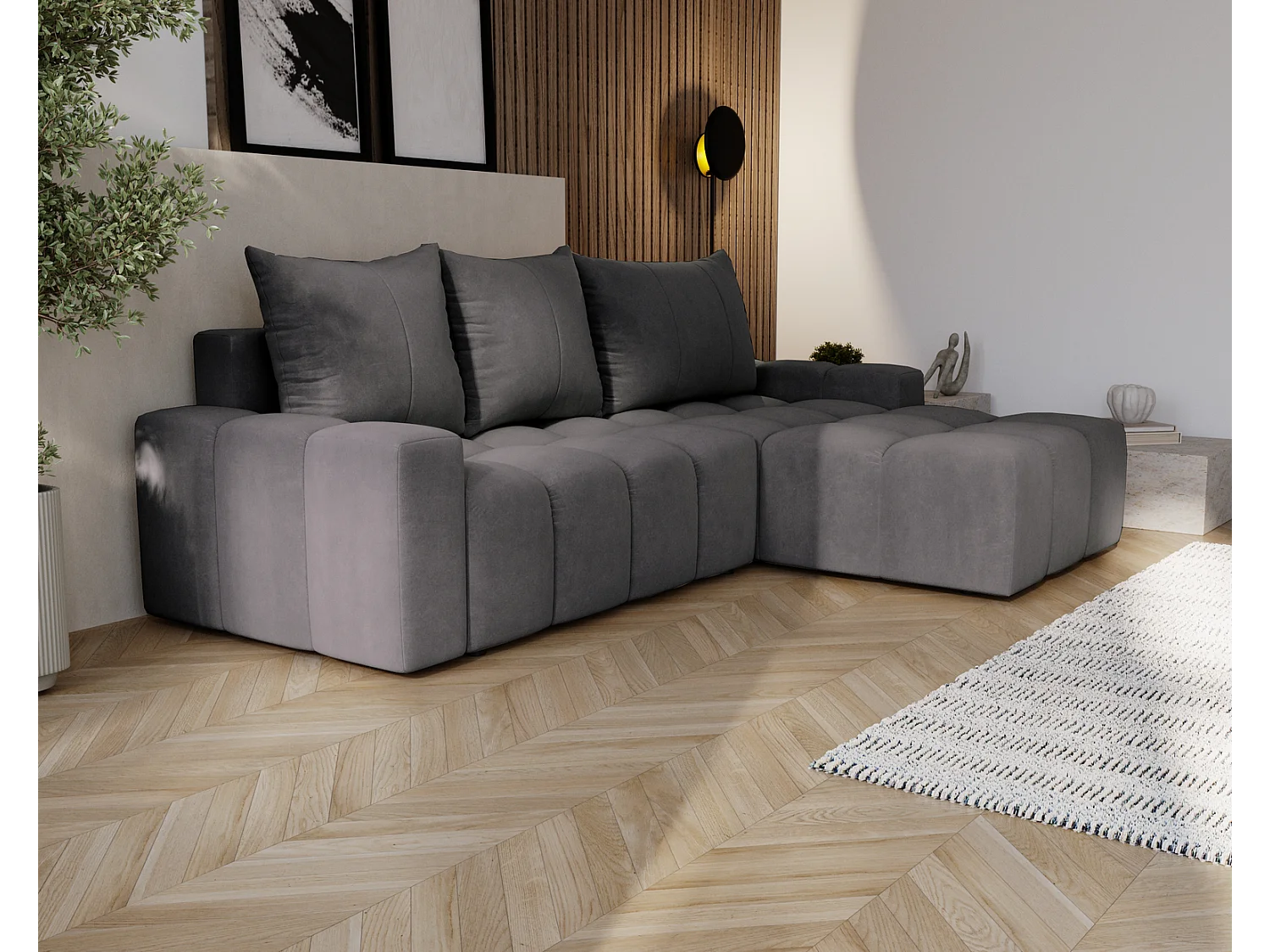 Emporius Wilson Canapé d'angle - Tissu Velours, Canapé 255 cm Convertible, Droite - Gris foncé (Amor Velvet 4321)