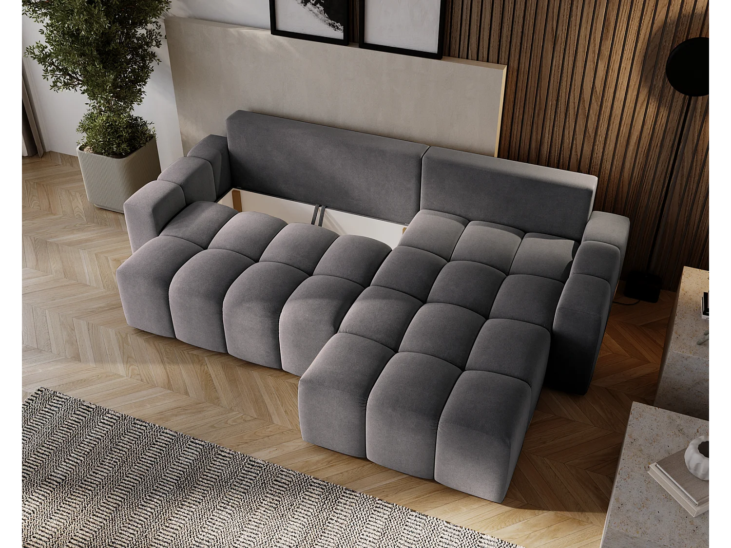 Emporius Wilson Canapé d'angle - Tissu Velours, Canapé 255 cm Convertible, Droite - Gris foncé (Amor Velvet 4321)