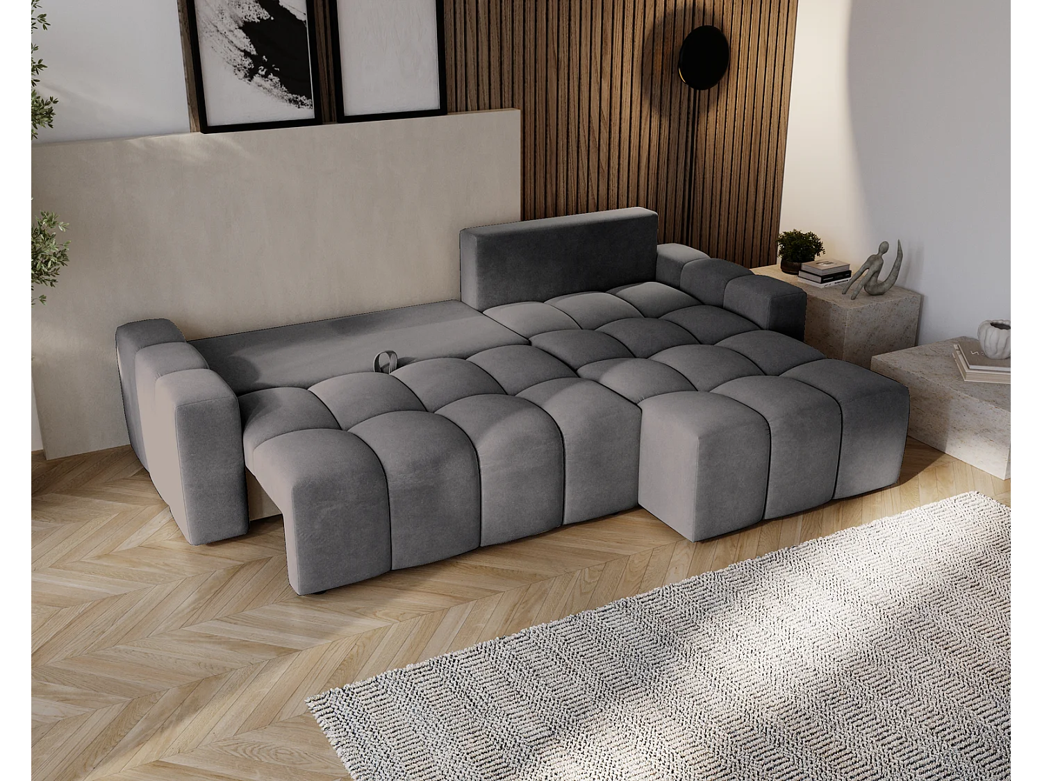 Emporius Wilson Canapé d'angle - Tissu Velours, Canapé 255 cm Convertible, Droite - Gris foncé (Amor Velvet 4321)