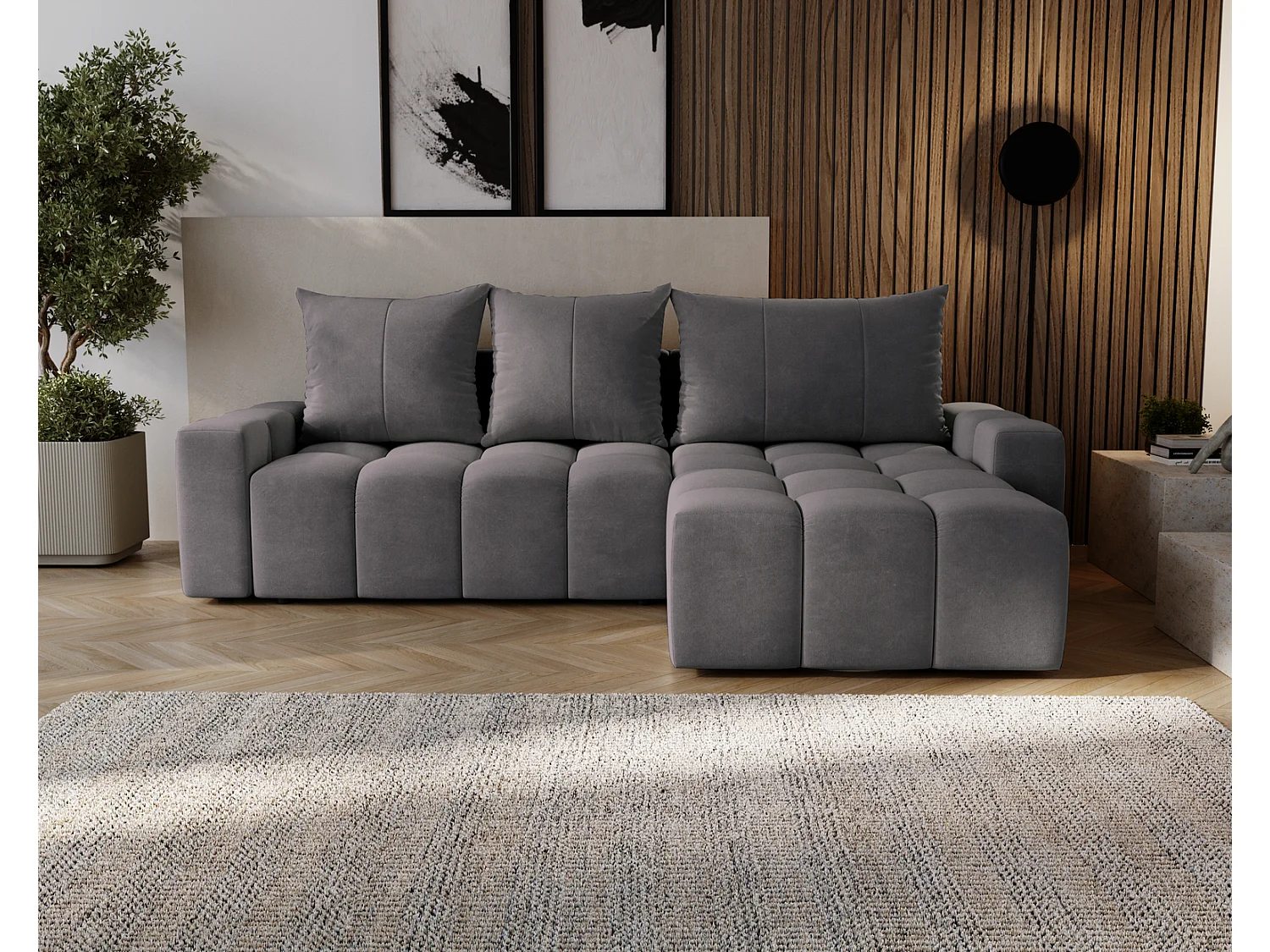 Canapé d'angle convertible Wilson, 255 cm, tissu velours, droit, gris foncé
