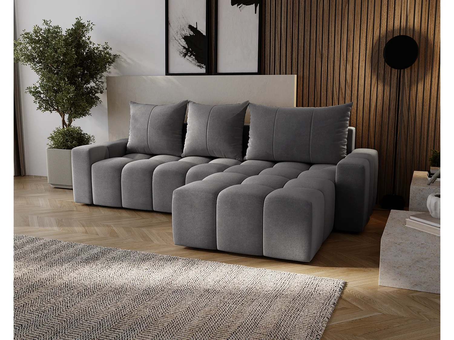 Canapé d'angle convertible Wilson, 255 cm, tissu velours, droit, gris foncé