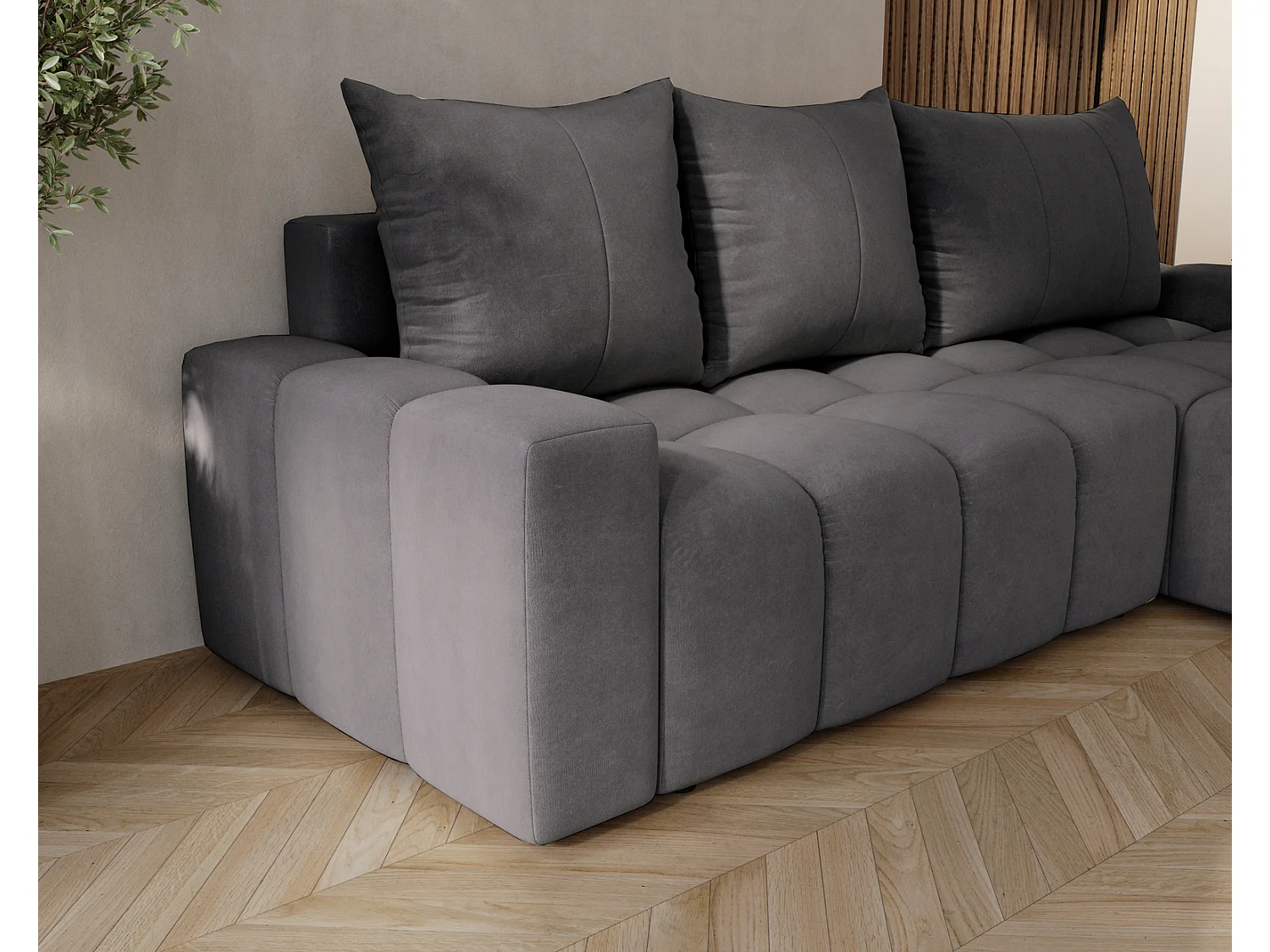 Canapé d'angle convertible Wilson, 255 cm, tissu velours, droit, gris foncé