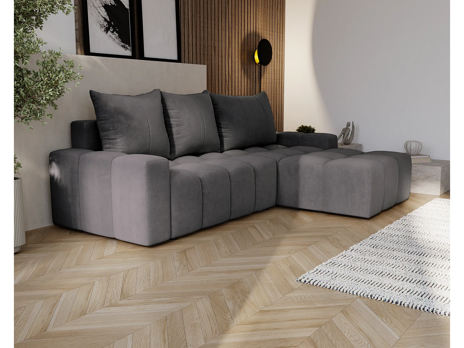 Canapé d'angle convertible Wilson, 255 cm, tissu velours, droit, gris foncé