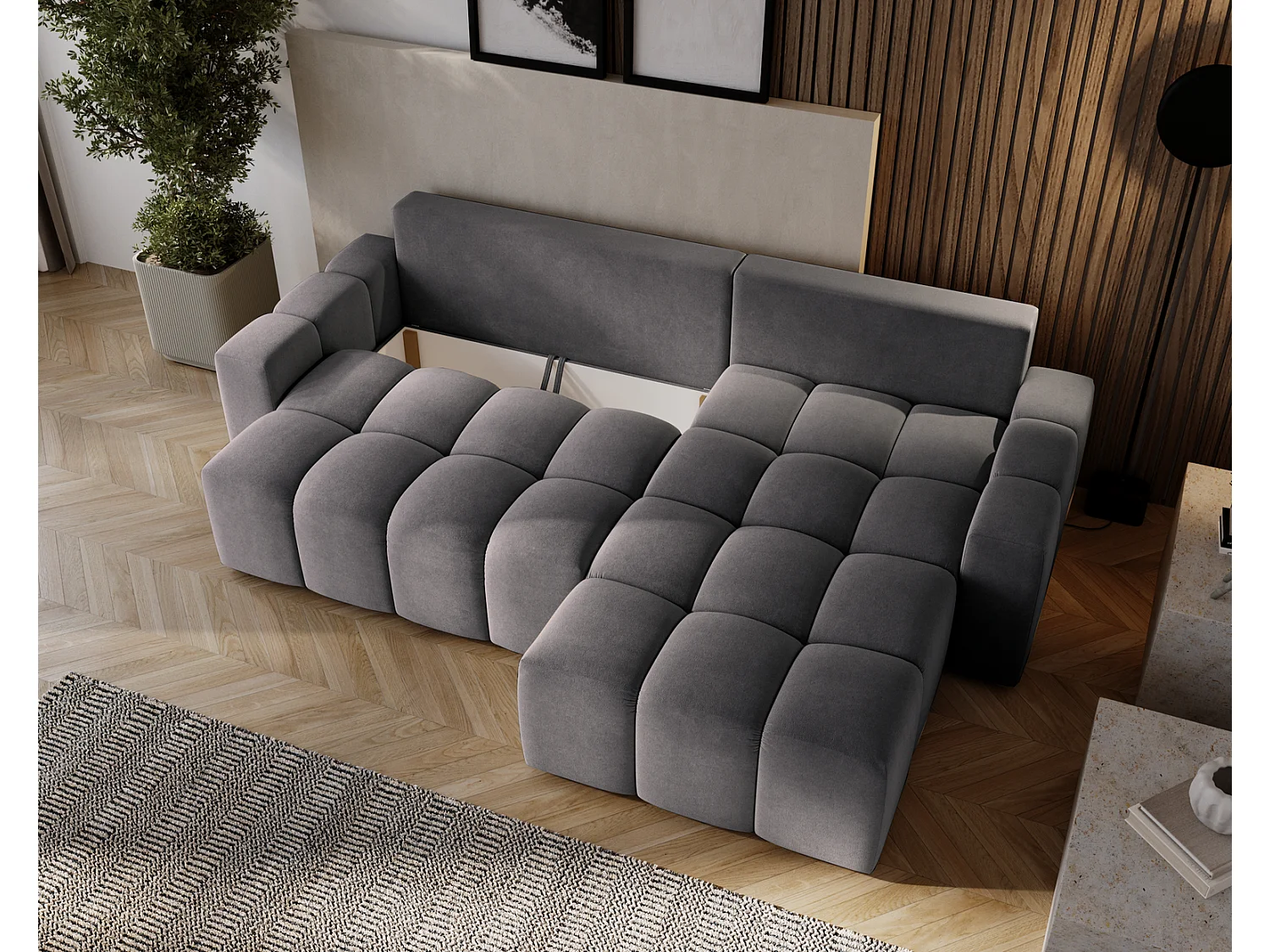 Canapé d'angle convertible Wilson, 255 cm, tissu velours, droit, gris foncé