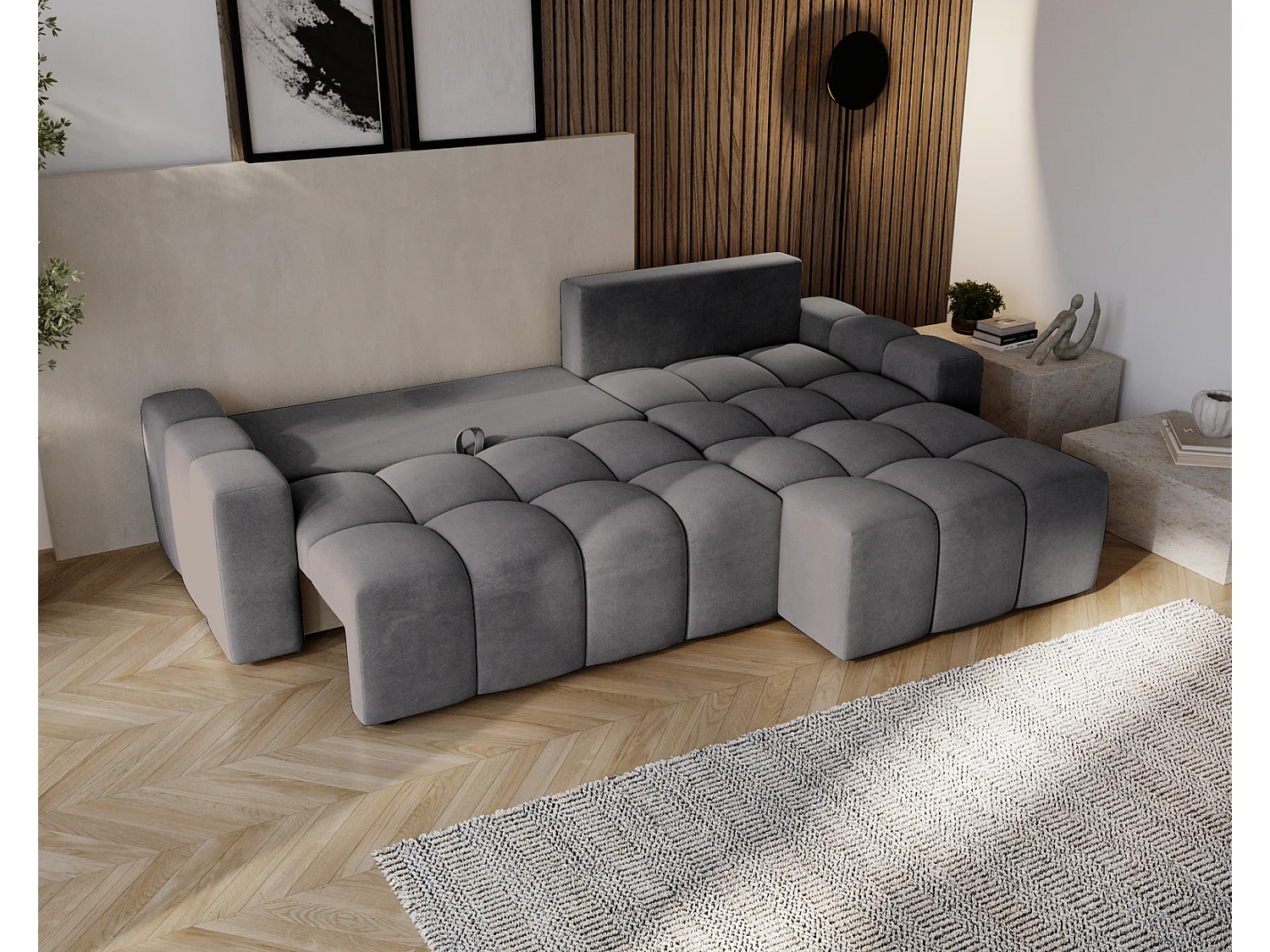 Canapé d'angle convertible Wilson, 255 cm, tissu velours, droit, gris foncé