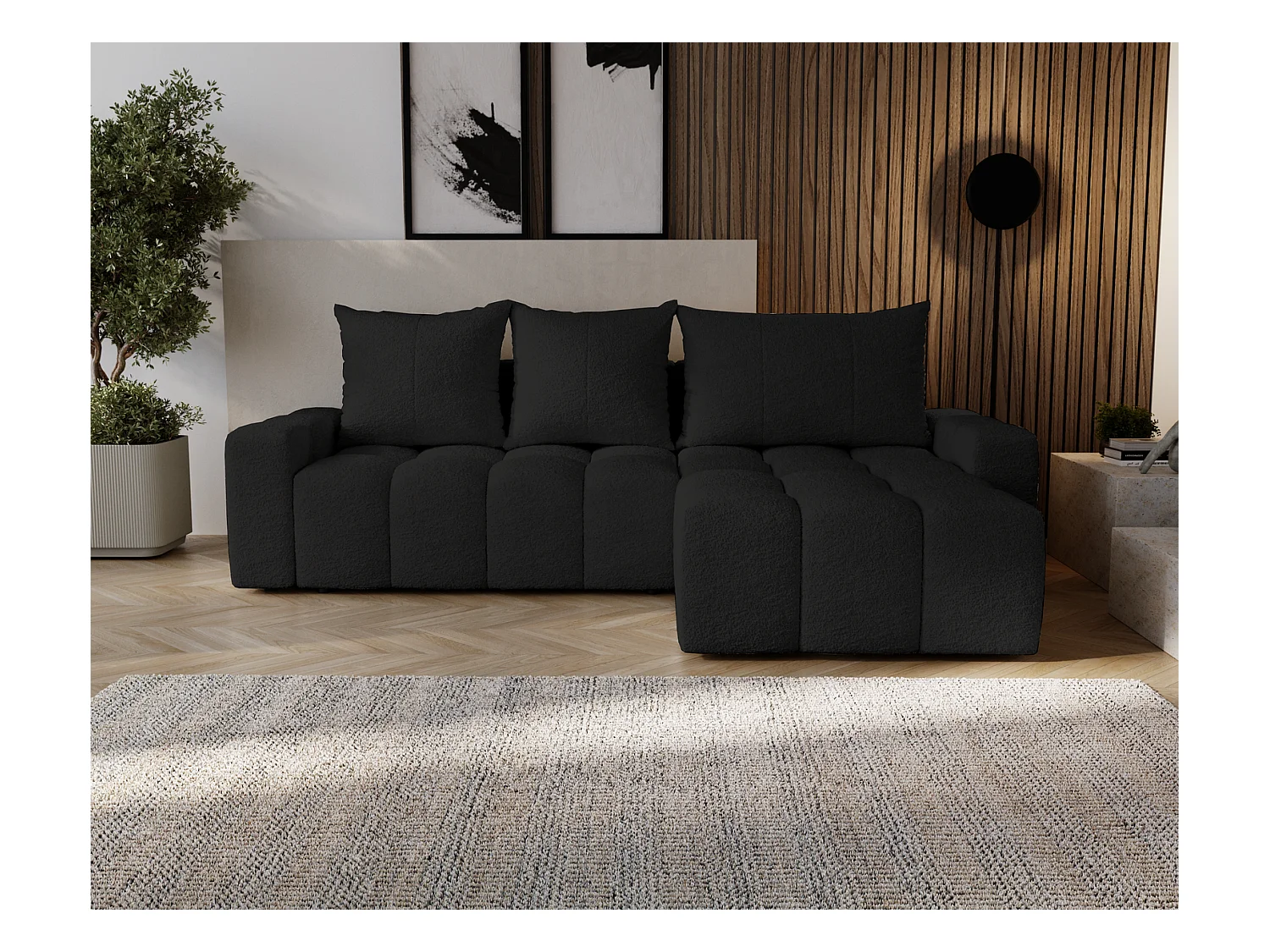 Emporius Wilson Canapé d'angle - Tissu Bouclé, Canapé 255 cm Convertible, Droite - Noir (Anthology 19)