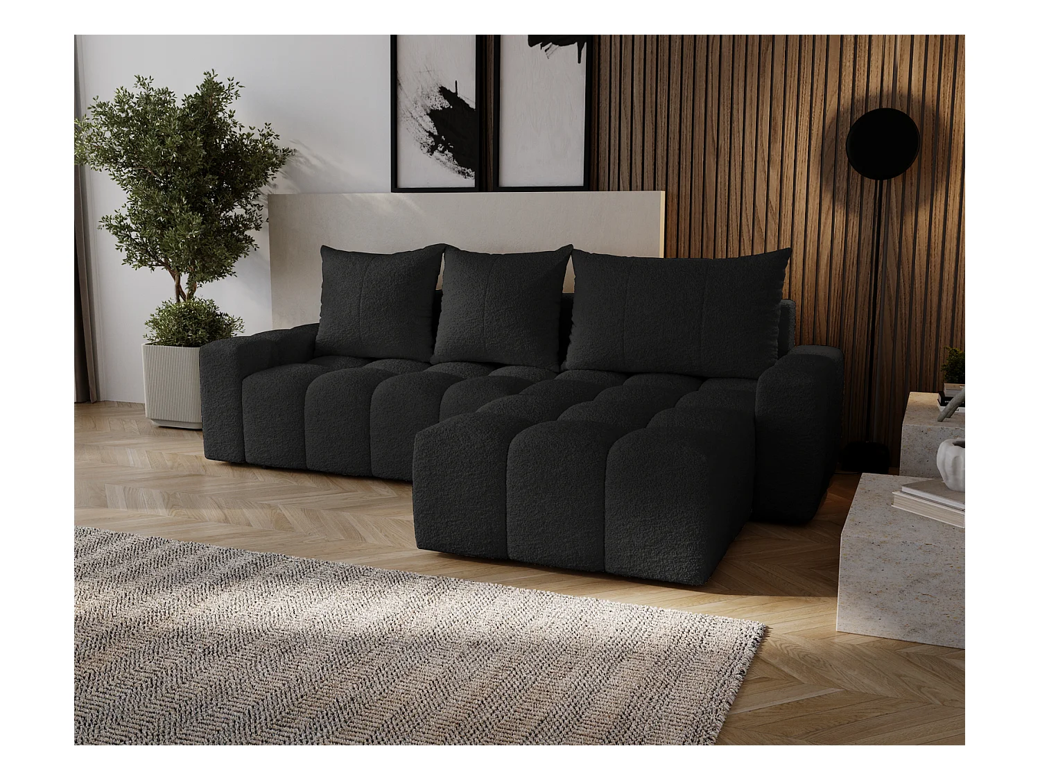 Emporius Wilson Canapé d'angle - Tissu Bouclé, Canapé 255 cm Convertible, Droite - Noir (Anthology 19)