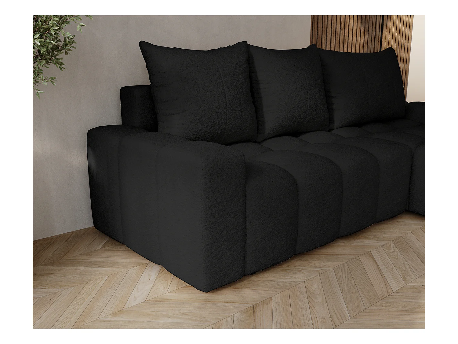 Emporius Wilson Canapé d'angle - Tissu Bouclé, Canapé 255 cm Convertible, Droite - Noir (Anthology 19)